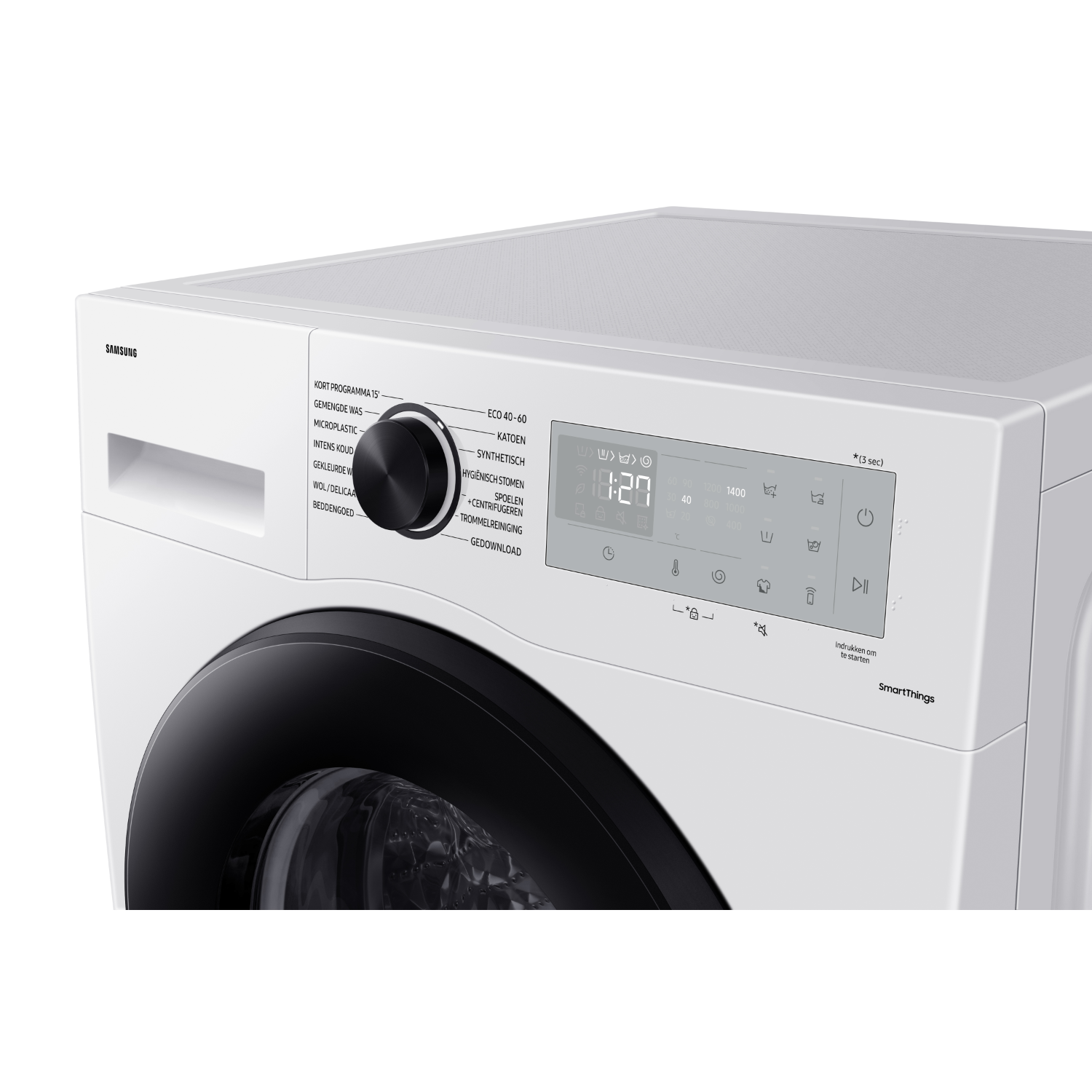White washing machine control panel detail. Black dial, digital display. Modern design.