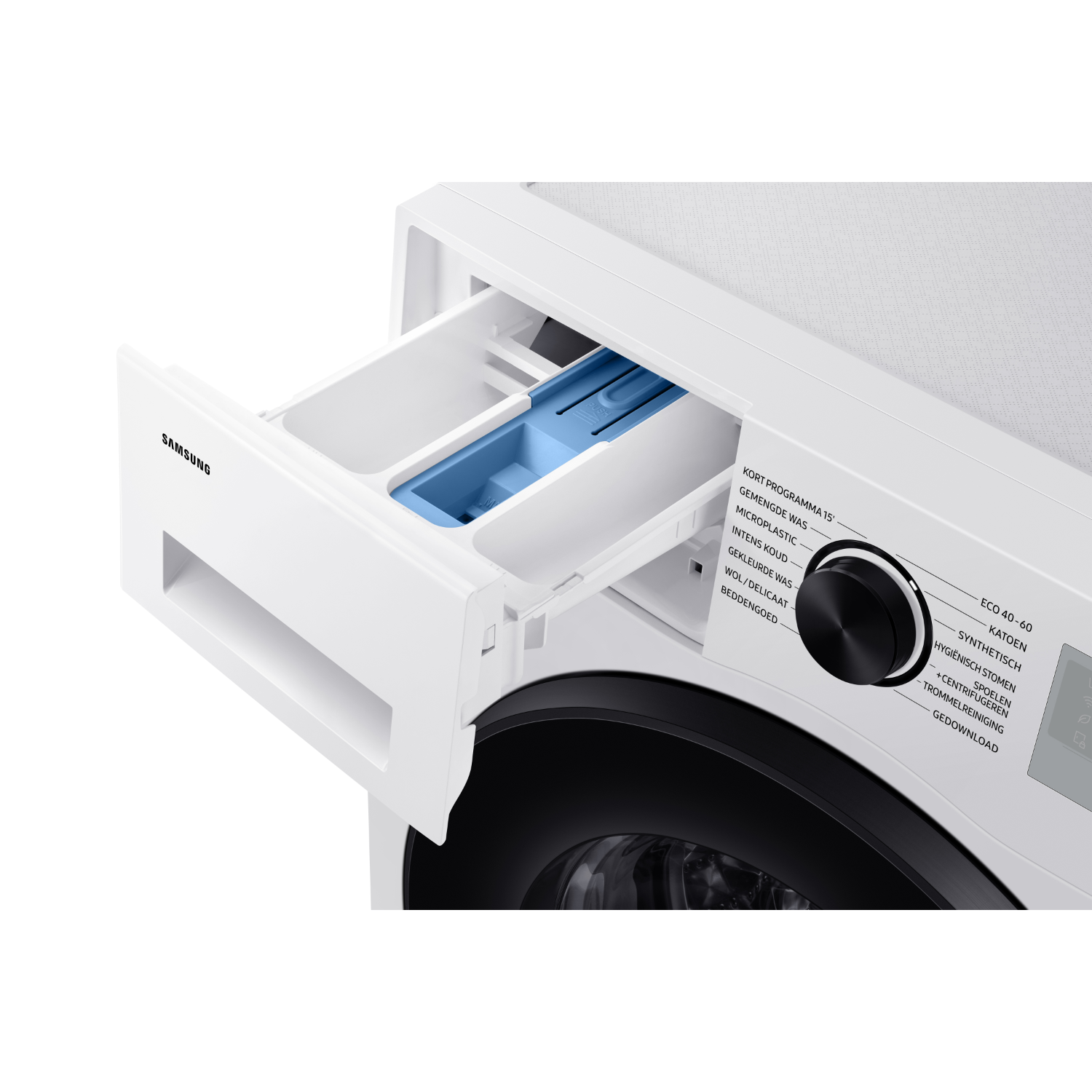 A washing machine with the detergent drawer open, revealing blue compartments.