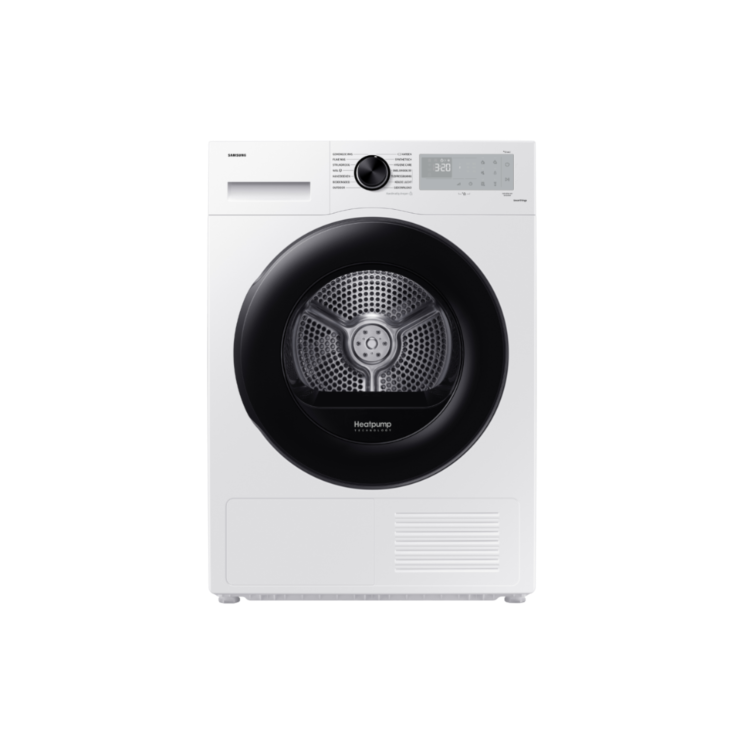 Witte Samsung Heatpump droger met zwarte deur en bedieningspaneel.