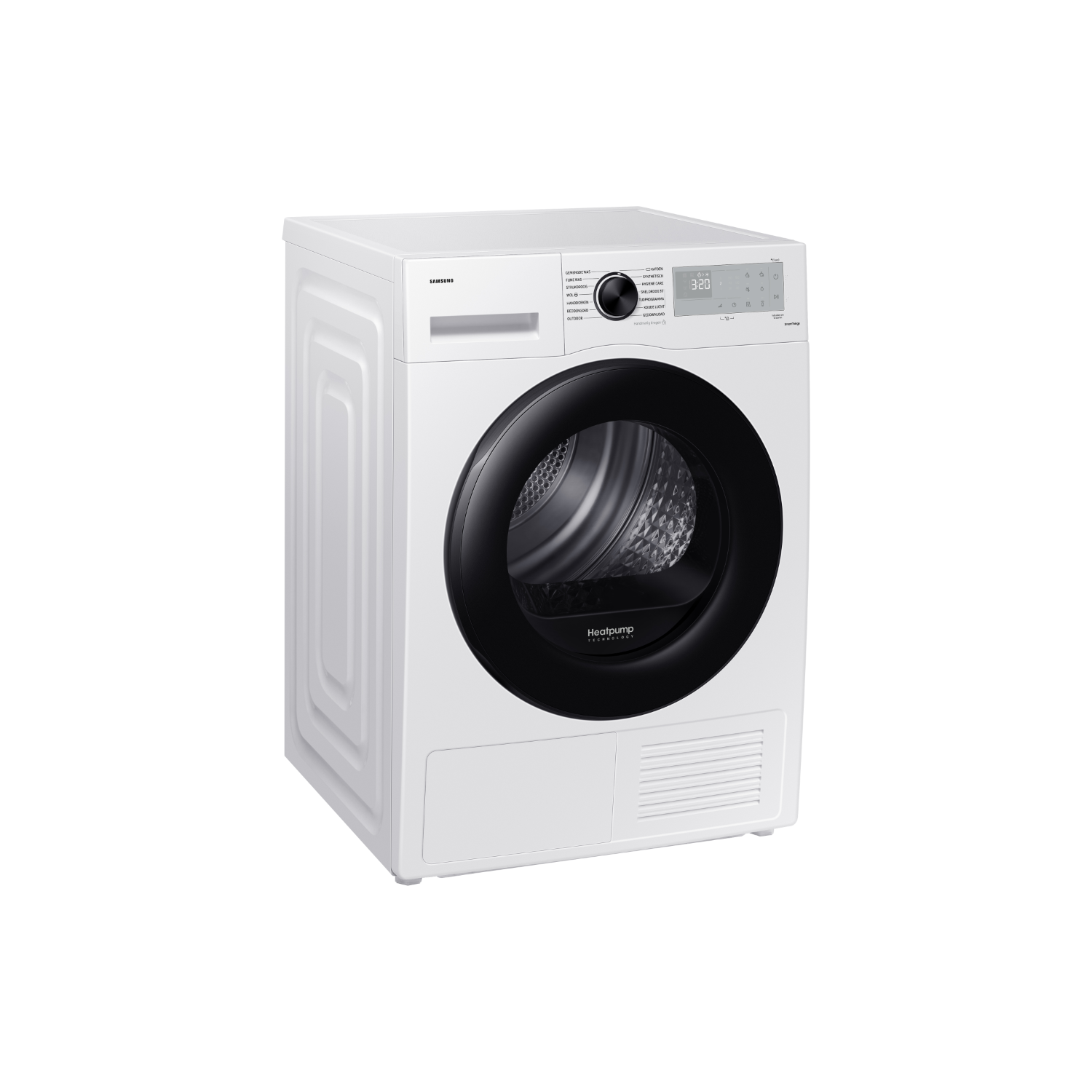 Witte Samsung droger met zwarte deur en bedieningspaneel, geïsoleerd op zwart.
