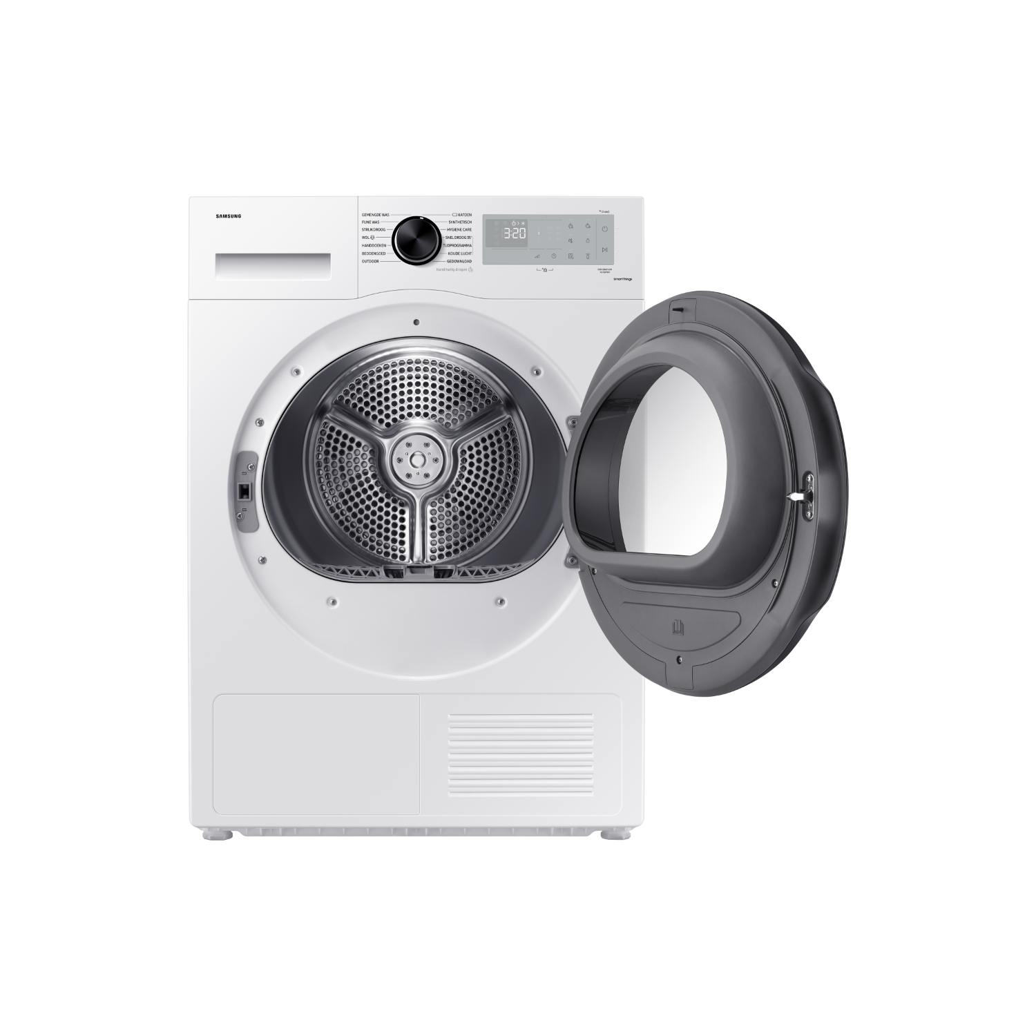Witte Samsung droger, deur open. Interne trommel zichtbaar. Zwarte achtergrond.