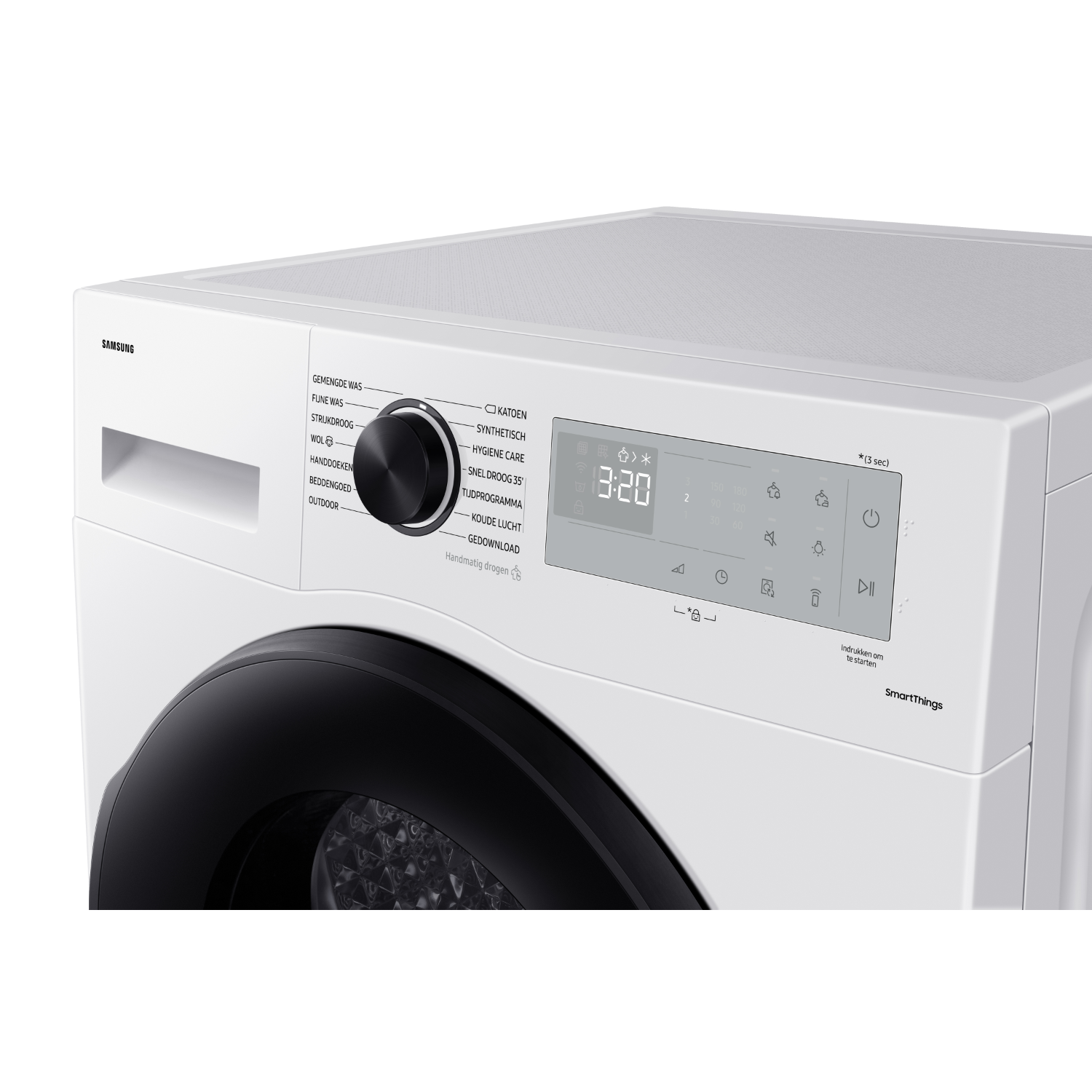 Witte wasmachine met bedieningspaneel, zwarte deur en details, close-up.