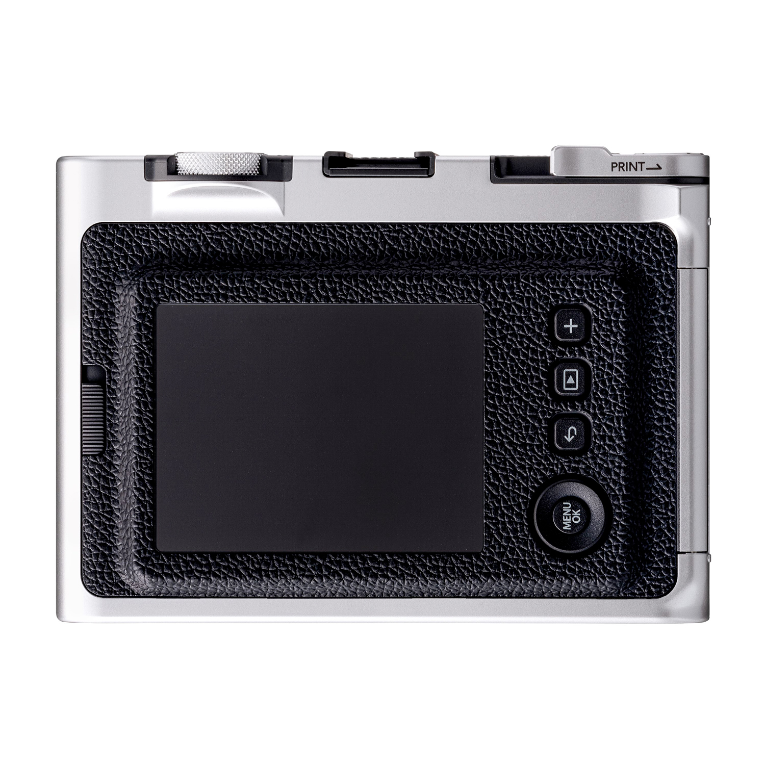 Retro di una fotocamera argentata con schermo e pulsanti neri. Impugnatura in pelle nera.