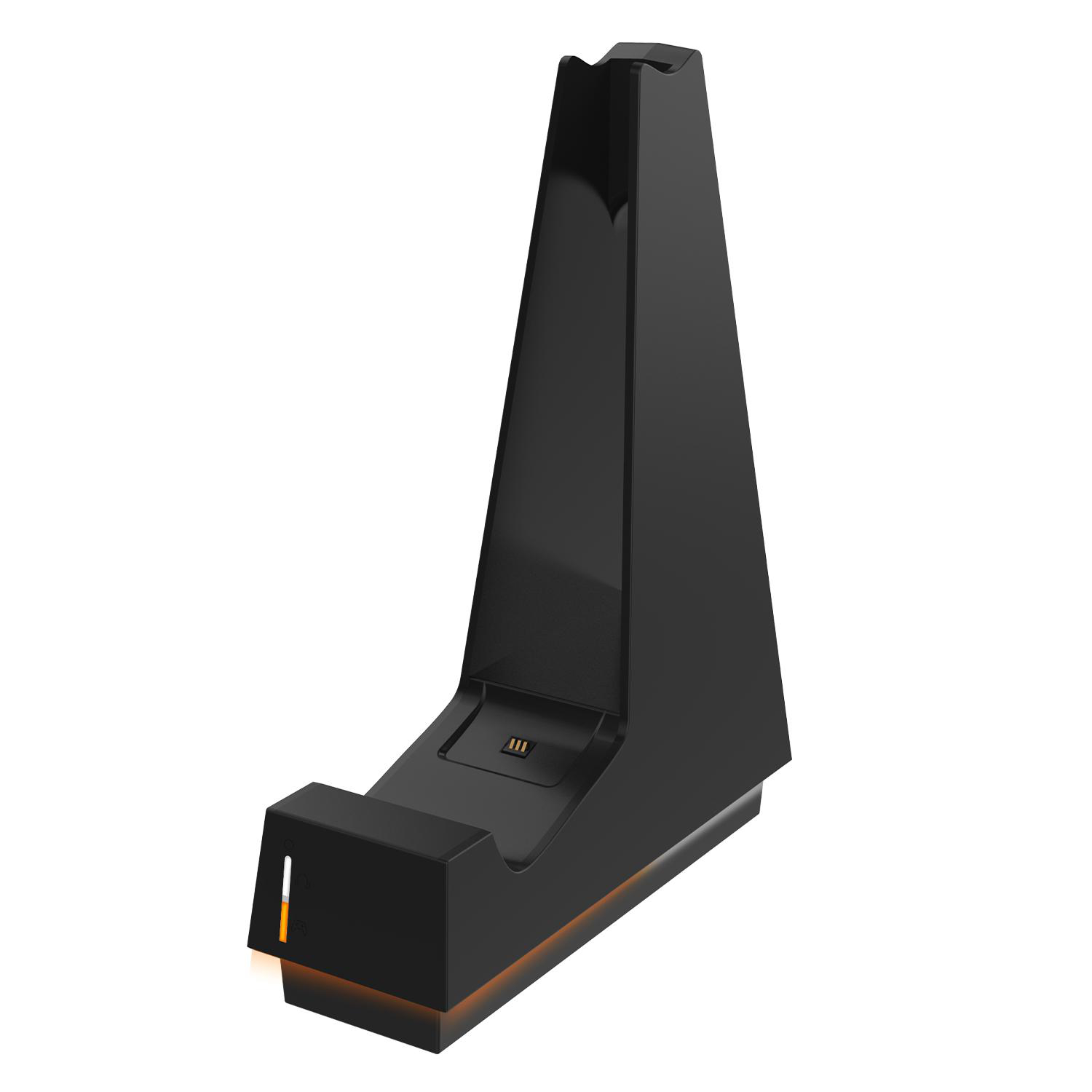 Eine schwarze Ladestation mit orangefarbenem Licht. Es ist ein schlankes, vertikales Design.