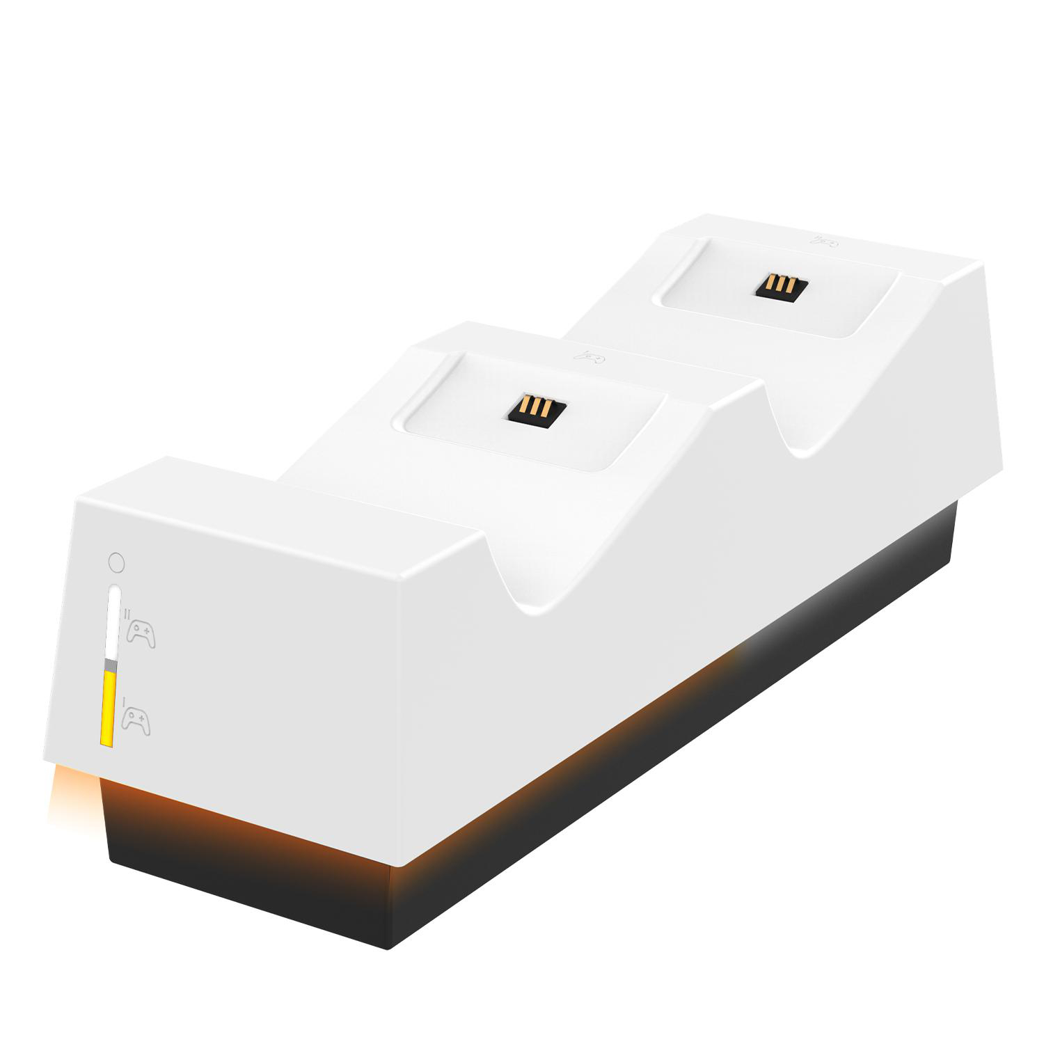 Eine weiße Ladestation für zwei Gamecontroller mit Ladeanzeigen.