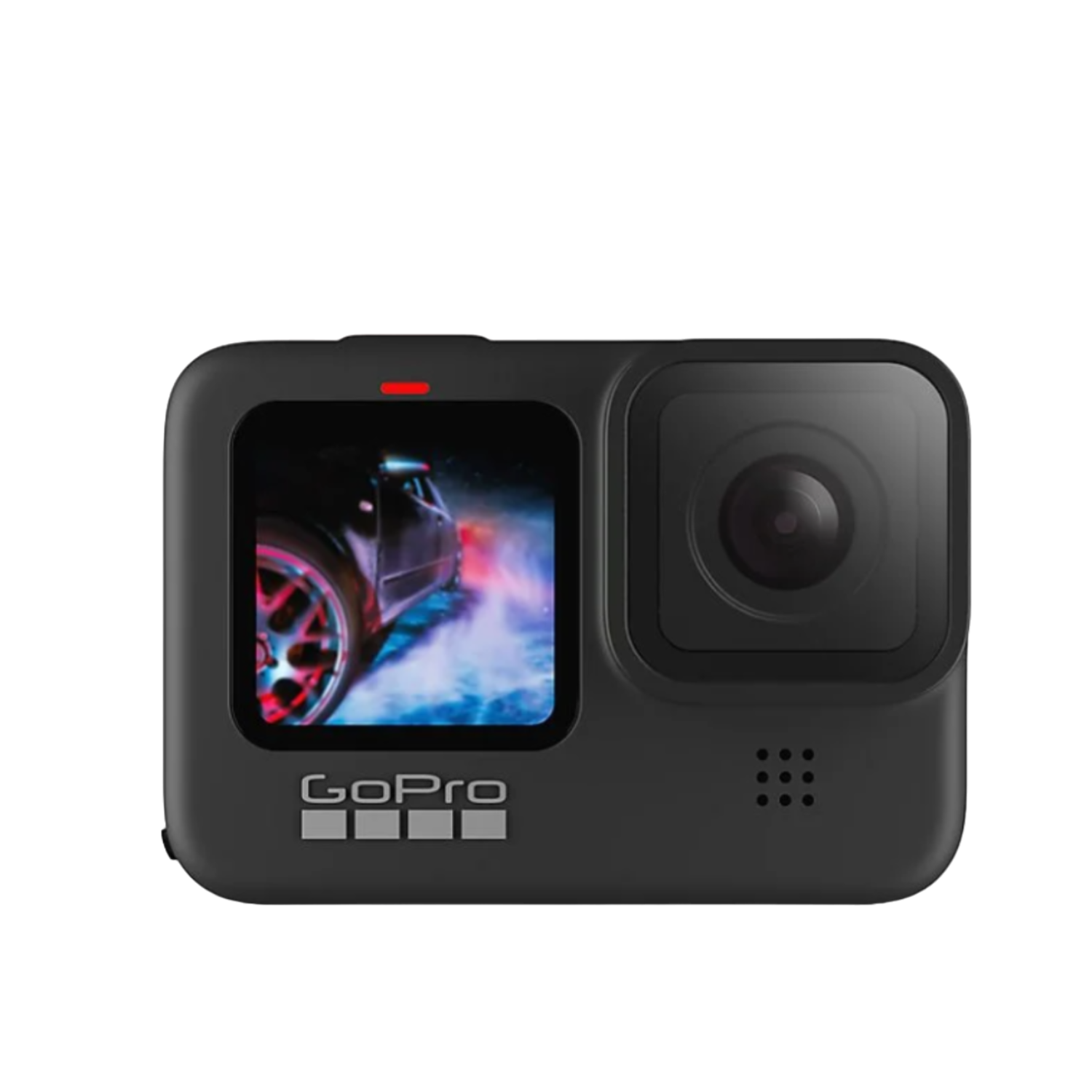 Zwarte GoPro-camera. Scherm toont auto op racebaan.