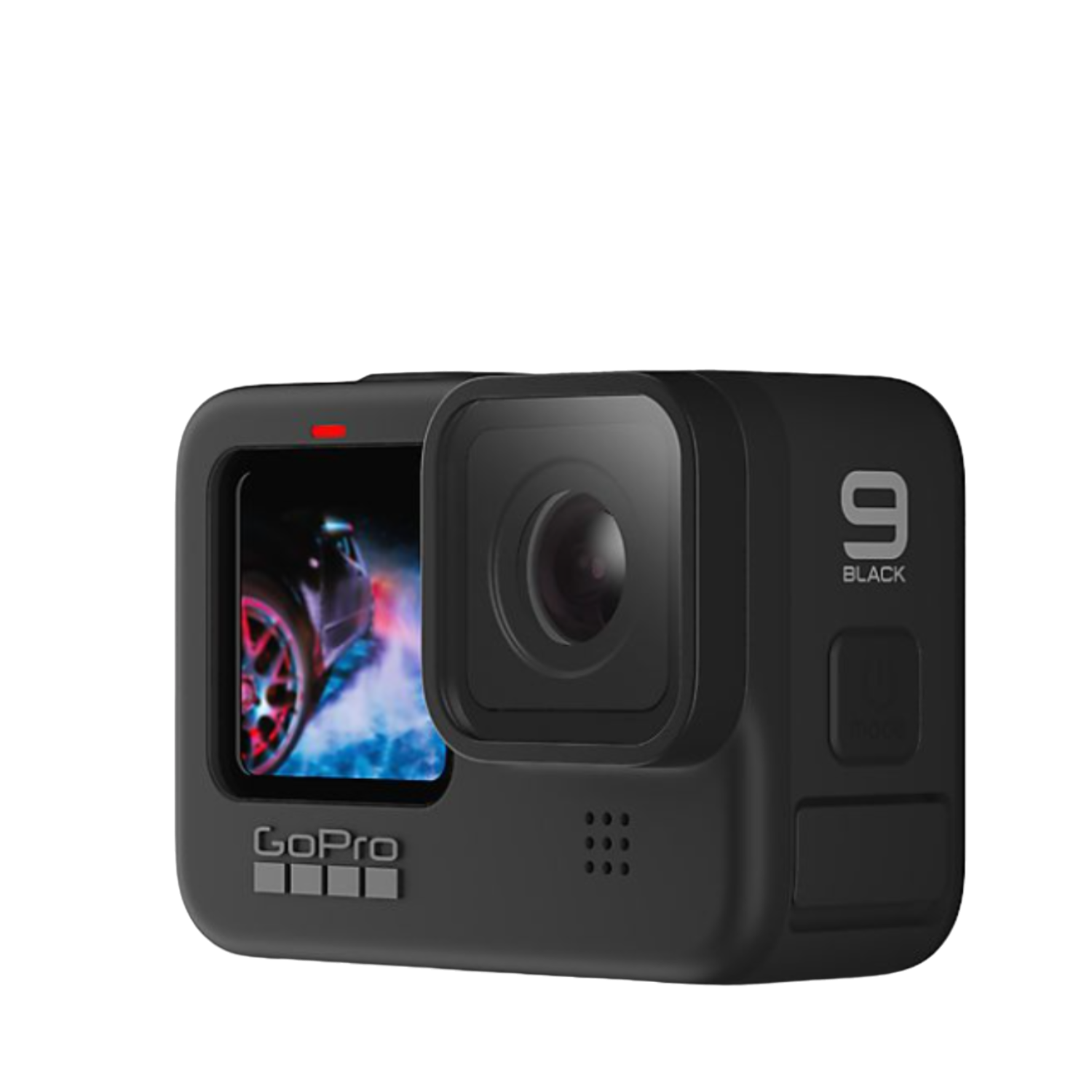 Zwarte GoPro 9 camera met een scherm en knoppen, op een zwarte achtergrond.