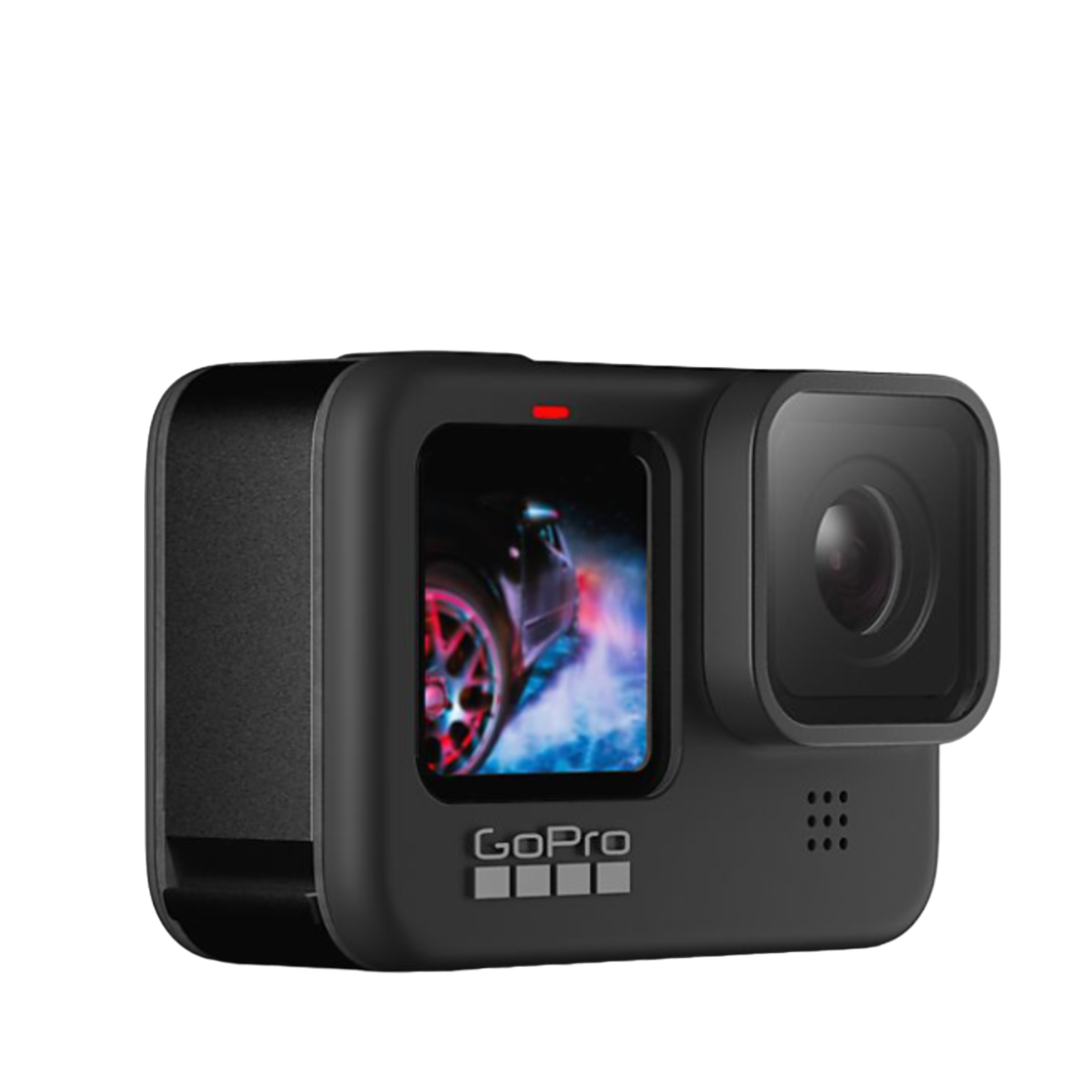 Zwarte GoPro-actiecamera met lens en zichtbare knoppen.