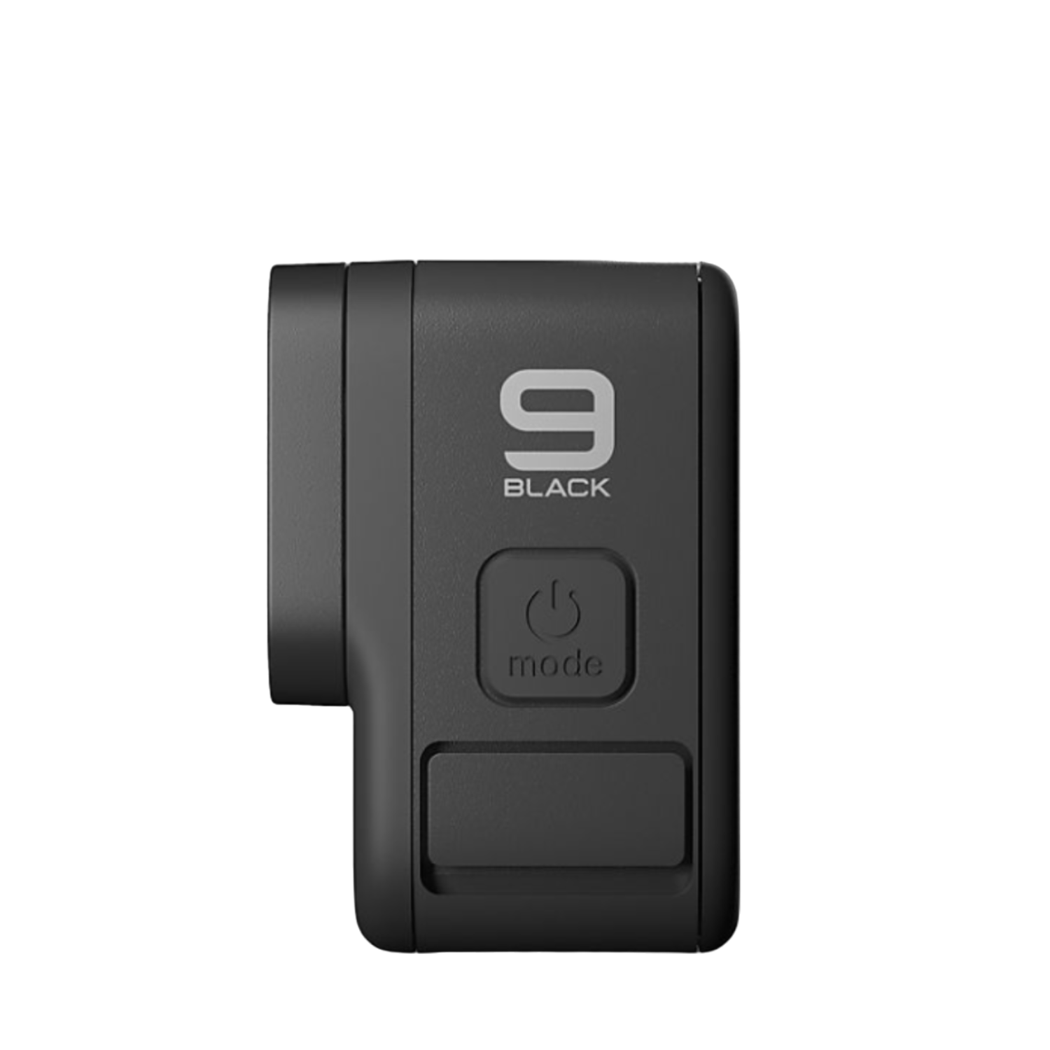 Zijkant van zwarte GoPro-camera met knoppen en tekst "9 BLACK" op zwarte achtergrond.