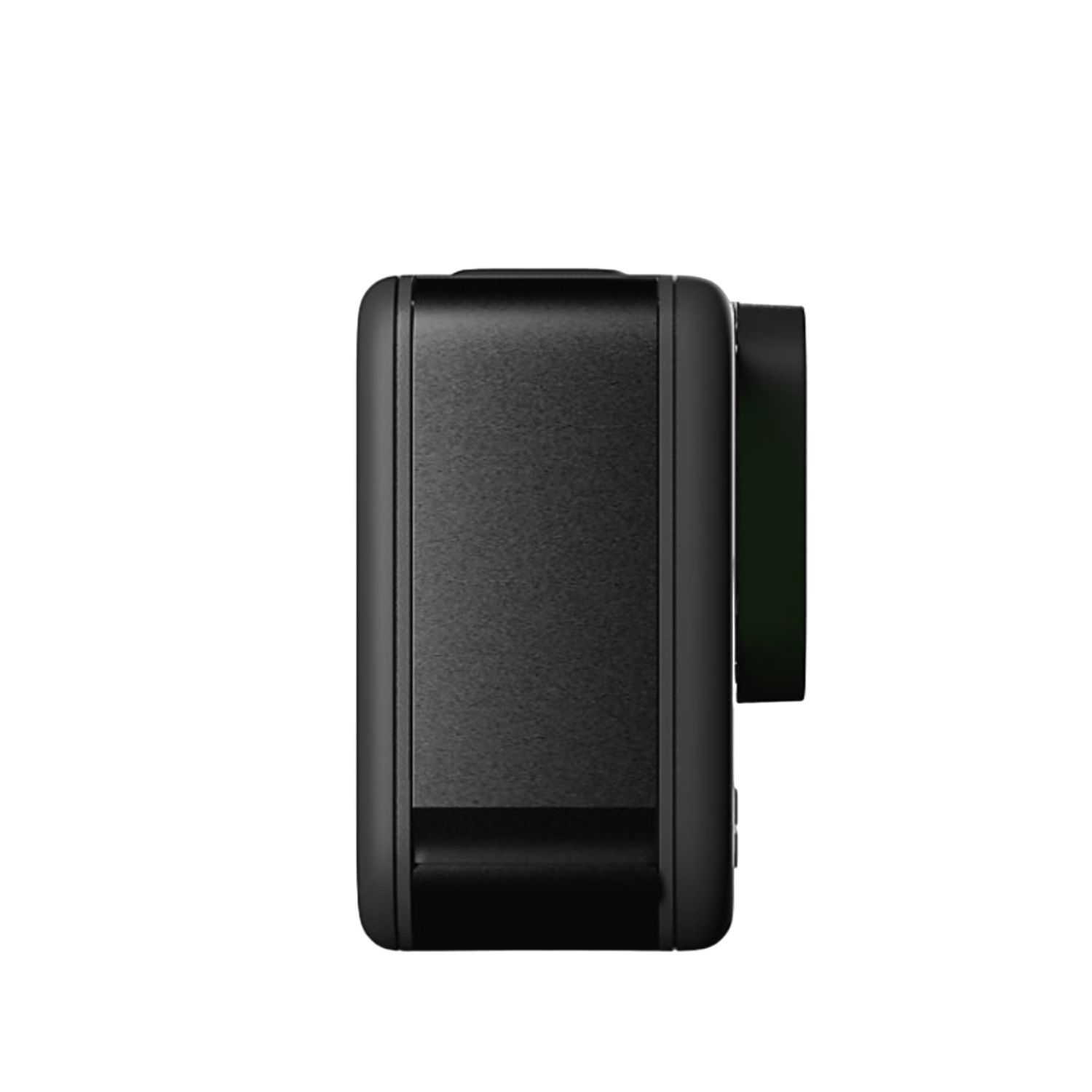 Zwarte GoPro camera, zijaanzicht. De lens is zichtbaar aan de rechterkant.