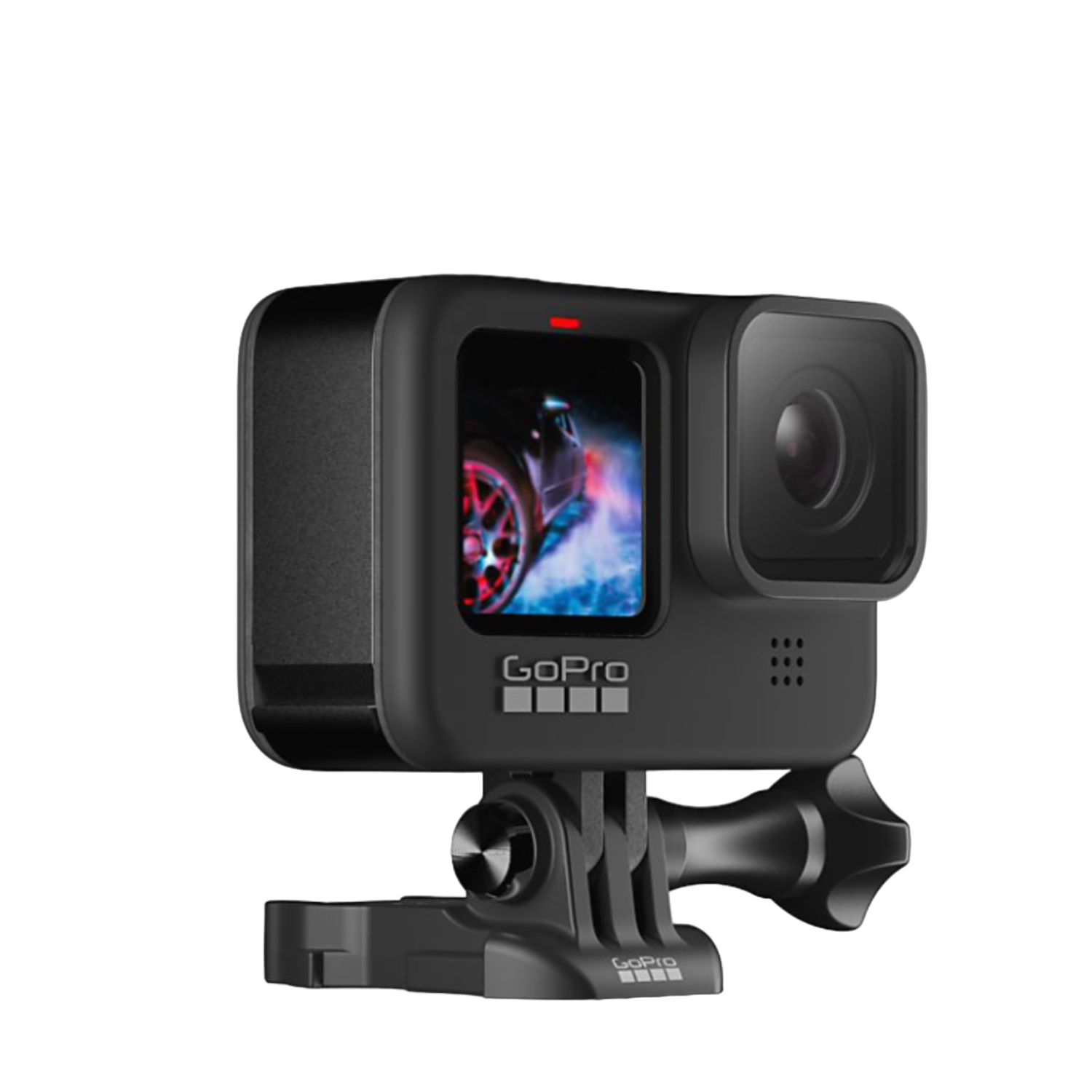 Zwarte GoPro-camera met scherm dat een auto toont. Gemonteerd op een zwarte standaard.