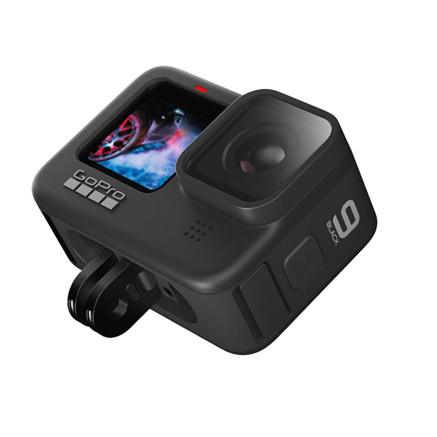 Zwarte GoPro-camera met lens en scherm. Het scherm toont een autorace.