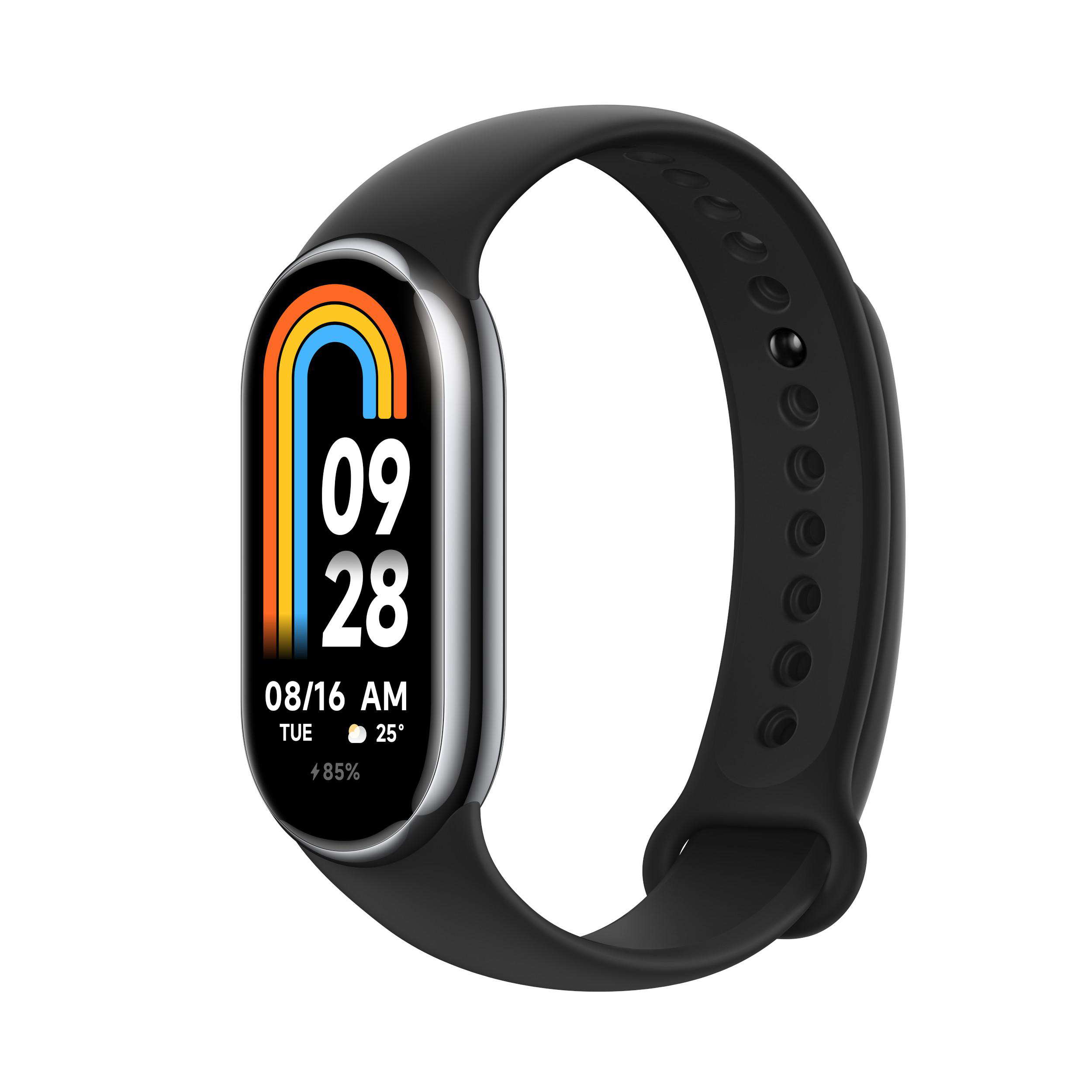 Eine schwarze Smartwatch mit farbigem Bildschirm, der Datum und Uhrzeit anzeigt. Schwarzes Armband mit kleinen Löchern.