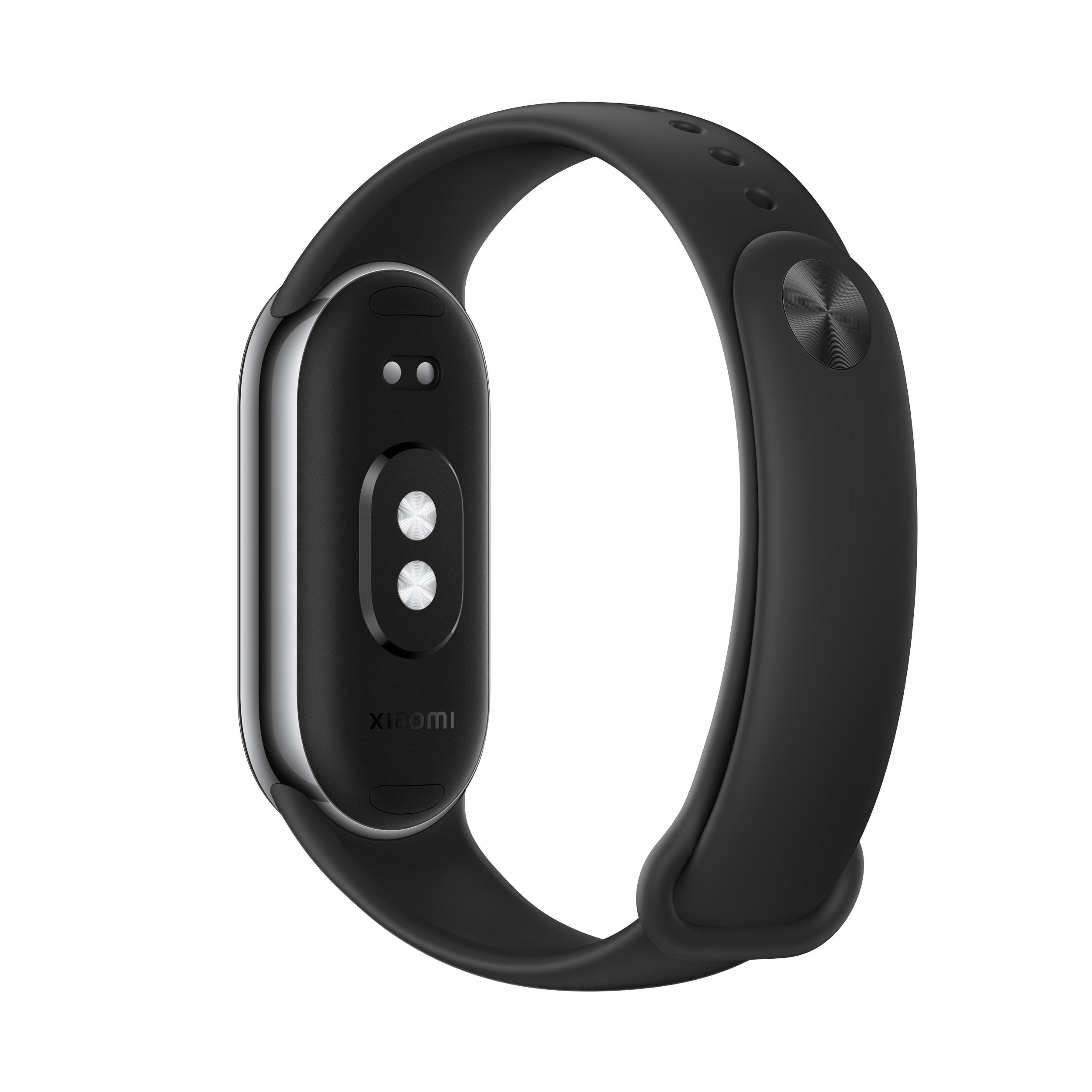 Schwarzer Fitnesstracker mit schwarzem Band, geschwungenes Design, zwei Knöpfe.