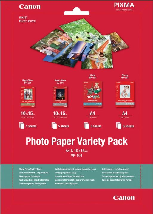 Kırmızı bir arka plan üzerinde fotoğraf kağıdı çeşit paketi. Çoklu paketler farklı kağıt türlerini ve boyutlarını gösterir.