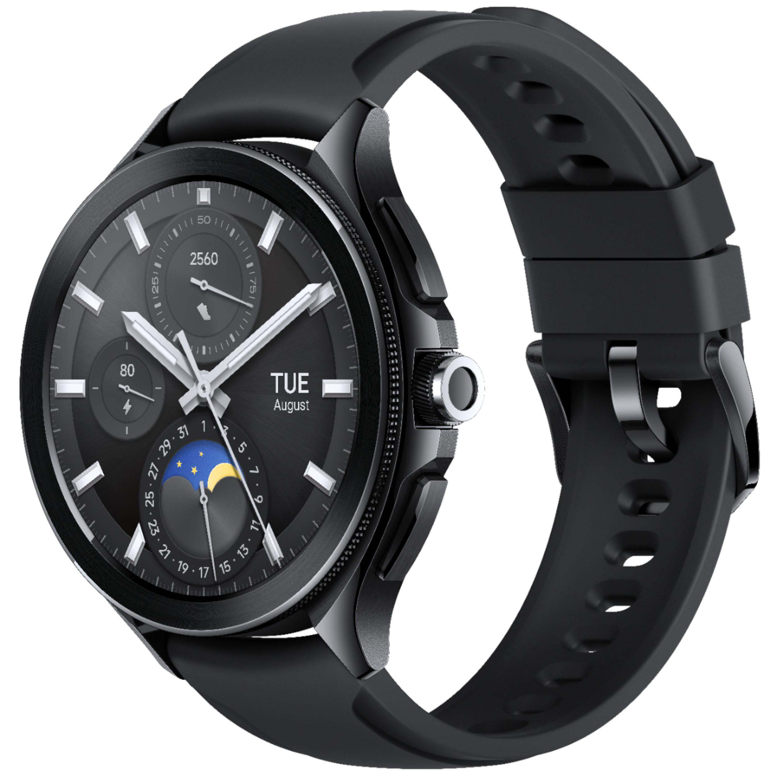 Schwarze Smartwatch mit schwarzem Armband. Der Bildschirm zeigt Datum und Uhrzeit an.