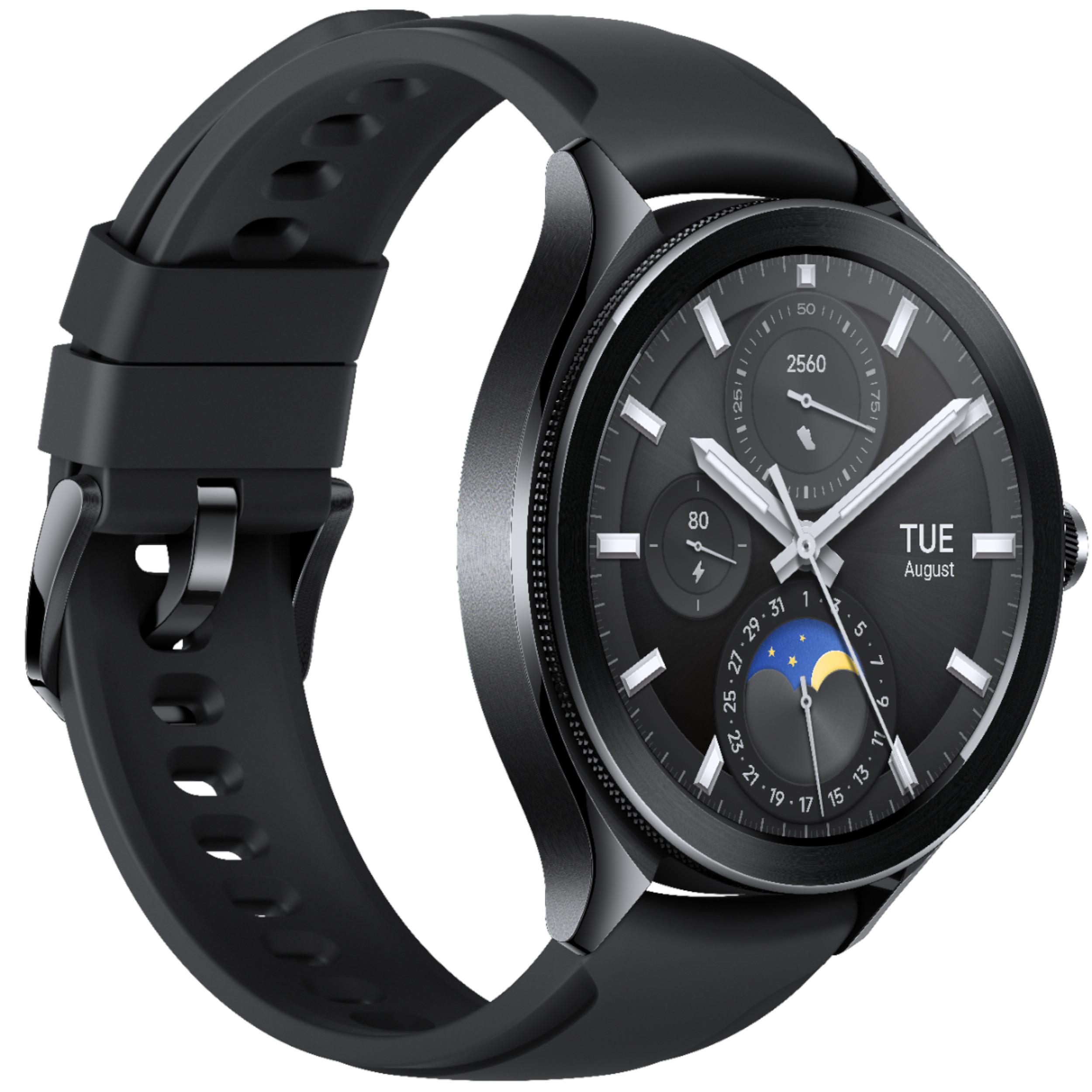 Schwarze Smartwatch mit schwarzem Armband, die Datum und Uhrzeit anzeigt.