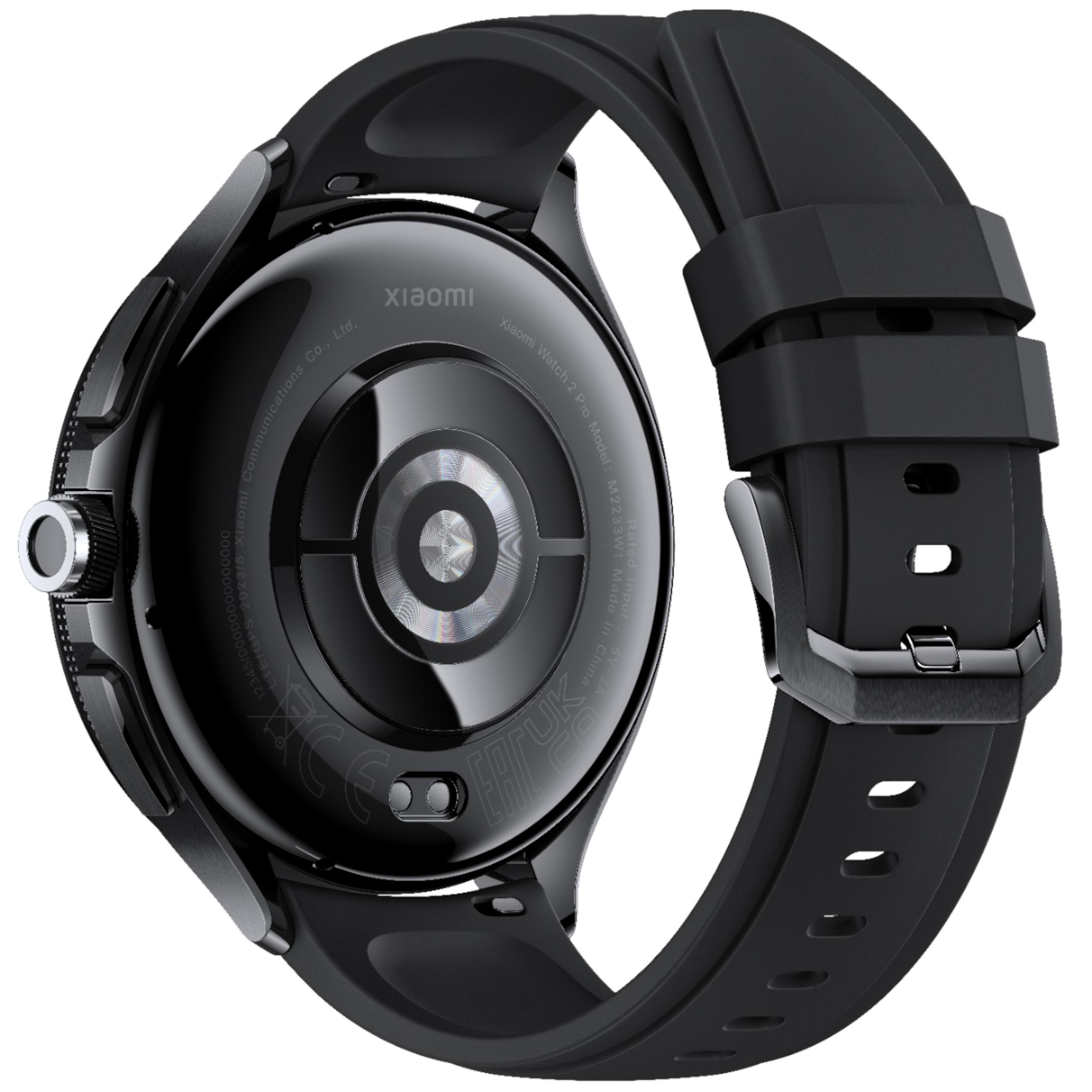 Schwarze Xiaomi Smartwatch, Rückseite mit Sensor und schwarzem Armband zeigend.