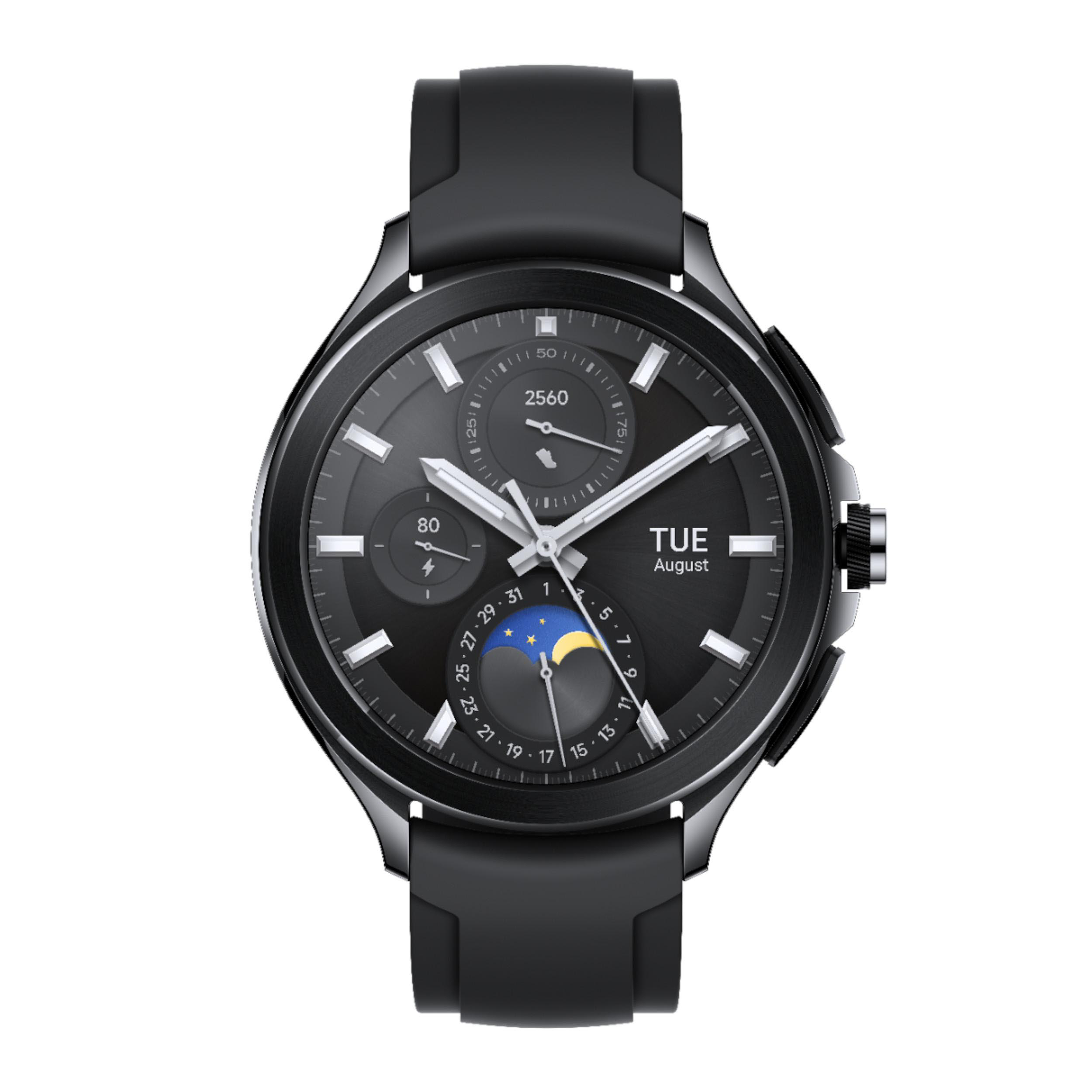 Eine schwarze Smartwatch mit dunklem Zifferblatt, das Datum und Uhrzeit anzeigt.