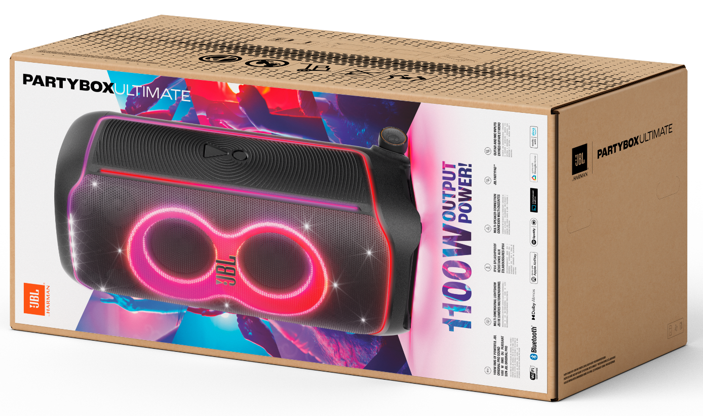 JBL PartyBox hangszóró dobozban. Fekete-fehér, RGB világítással.