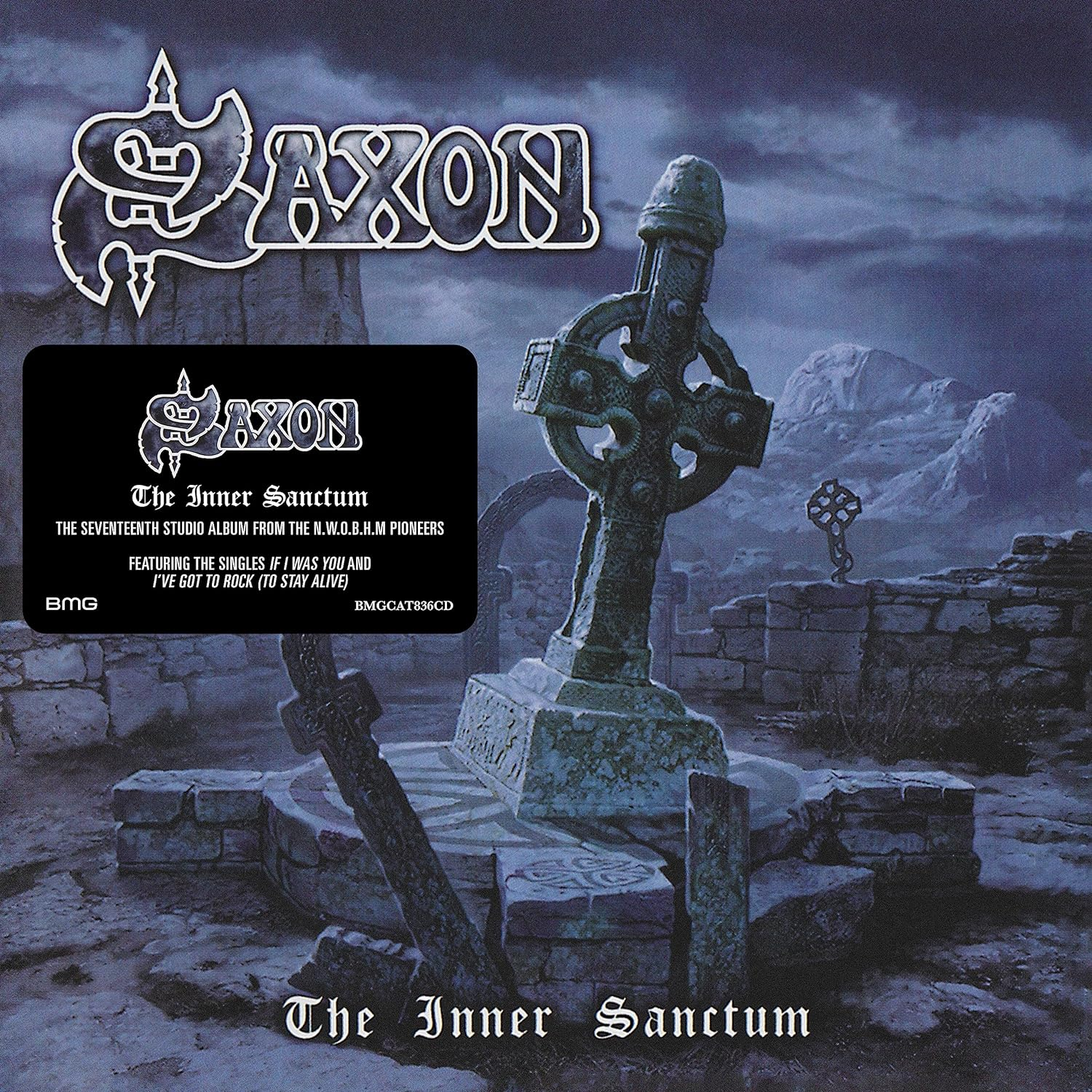 Album borító, fekete háttér, kereszt temető, szöveg: Saxon, The Inner Sanctum.