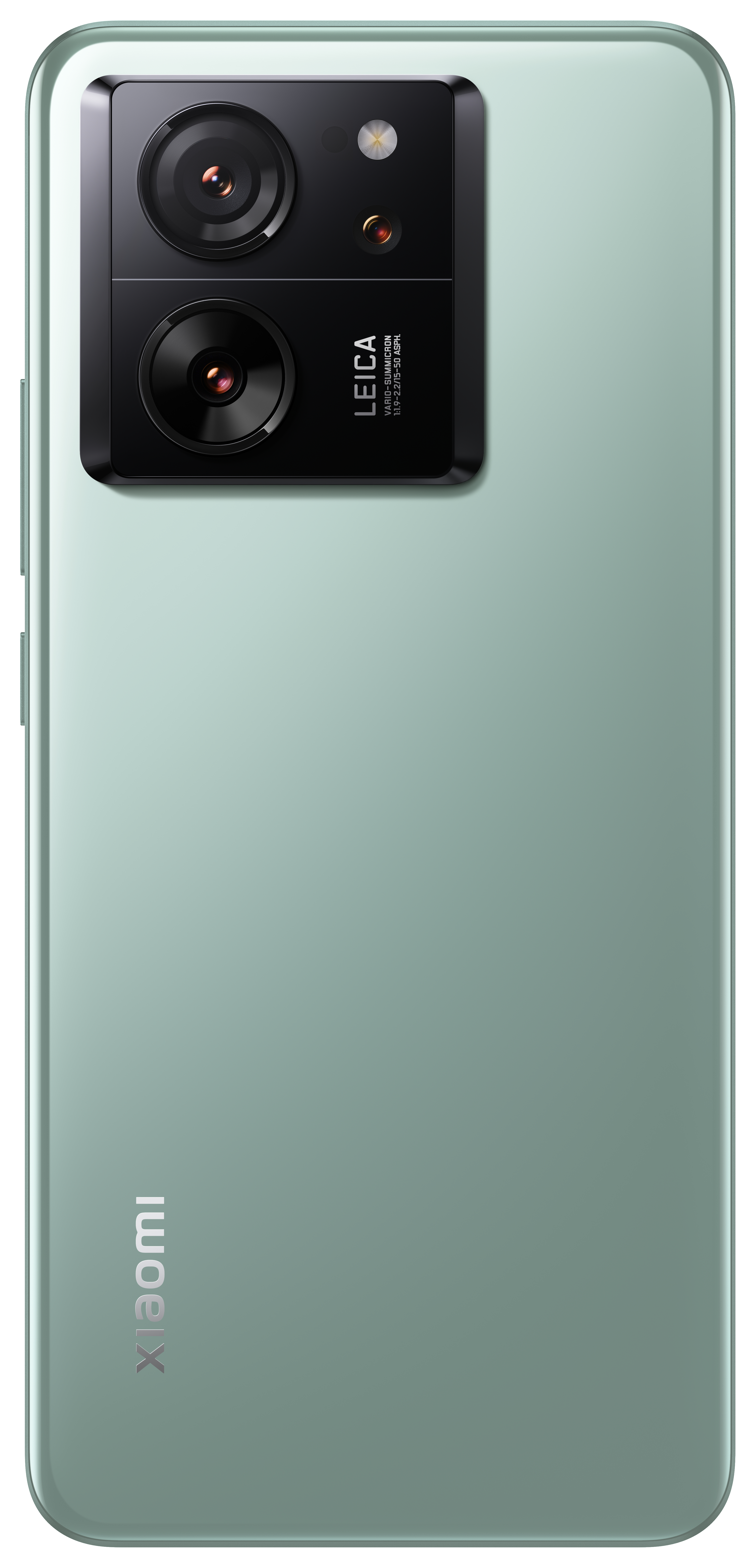 Minzgrünes Telefon, Rückansicht, mit zwei Kameras und Leica-Branding. Xiaomi-Logo unten.