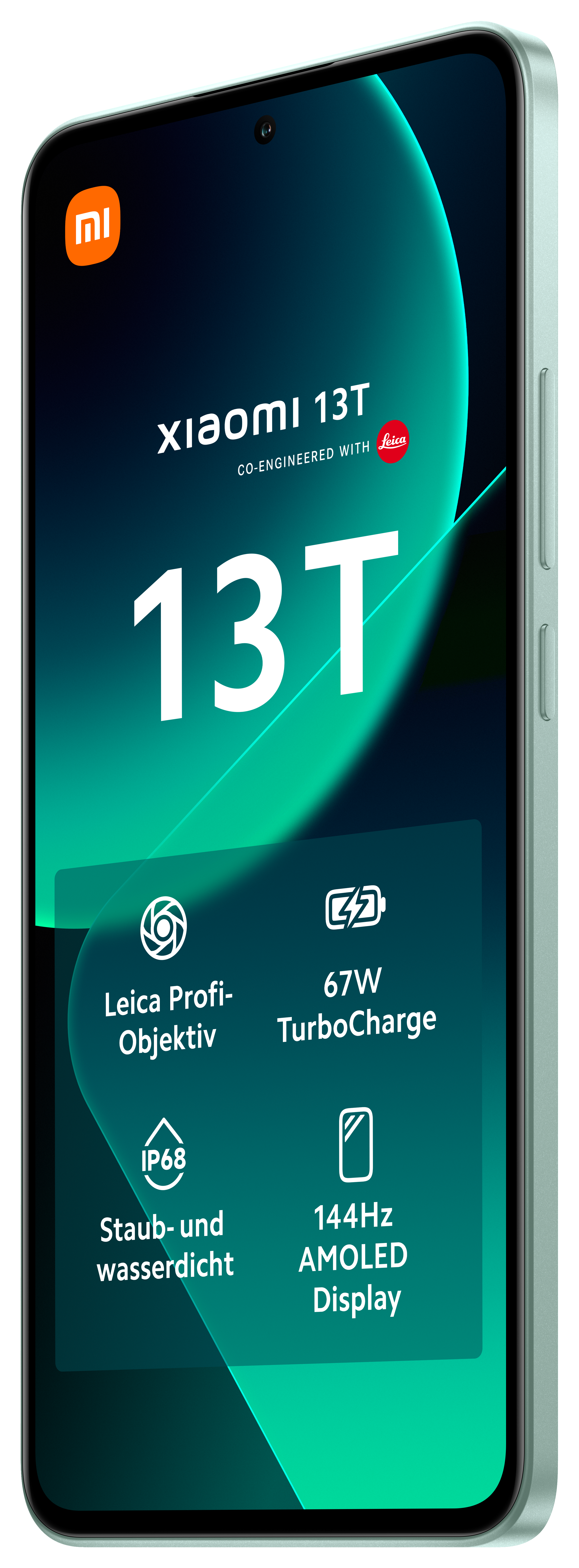 Ein Smartphone mit türkisfarbenem Bildschirm zeigt Spezifikationen. Das Xiaomi-Logo befindet sich oben links.