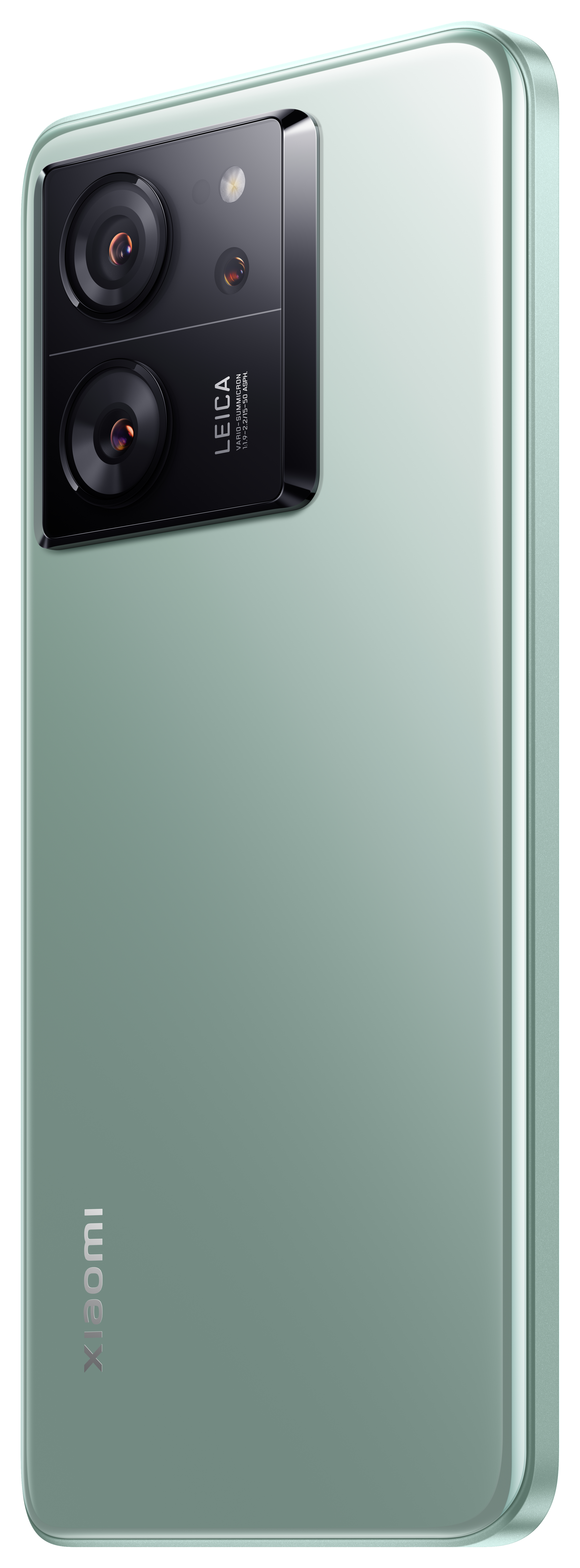 Minzgrünes Telefon mit Leica-Kamerasystem auf der Rückseite. Das Telefon wird von der Seite betrachtet.
