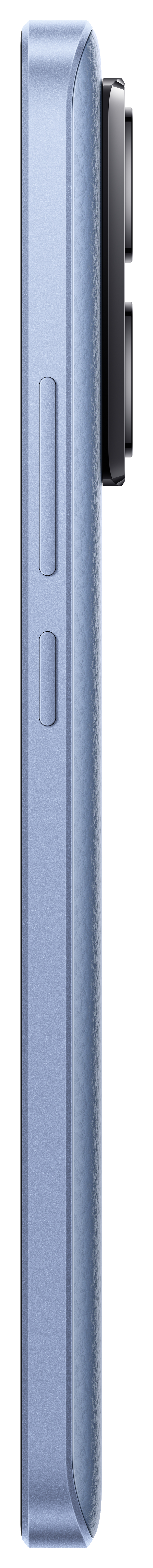 Ein hellblaues Smartphone, mit Seitenansicht, zeigt Tasten und Kamera.