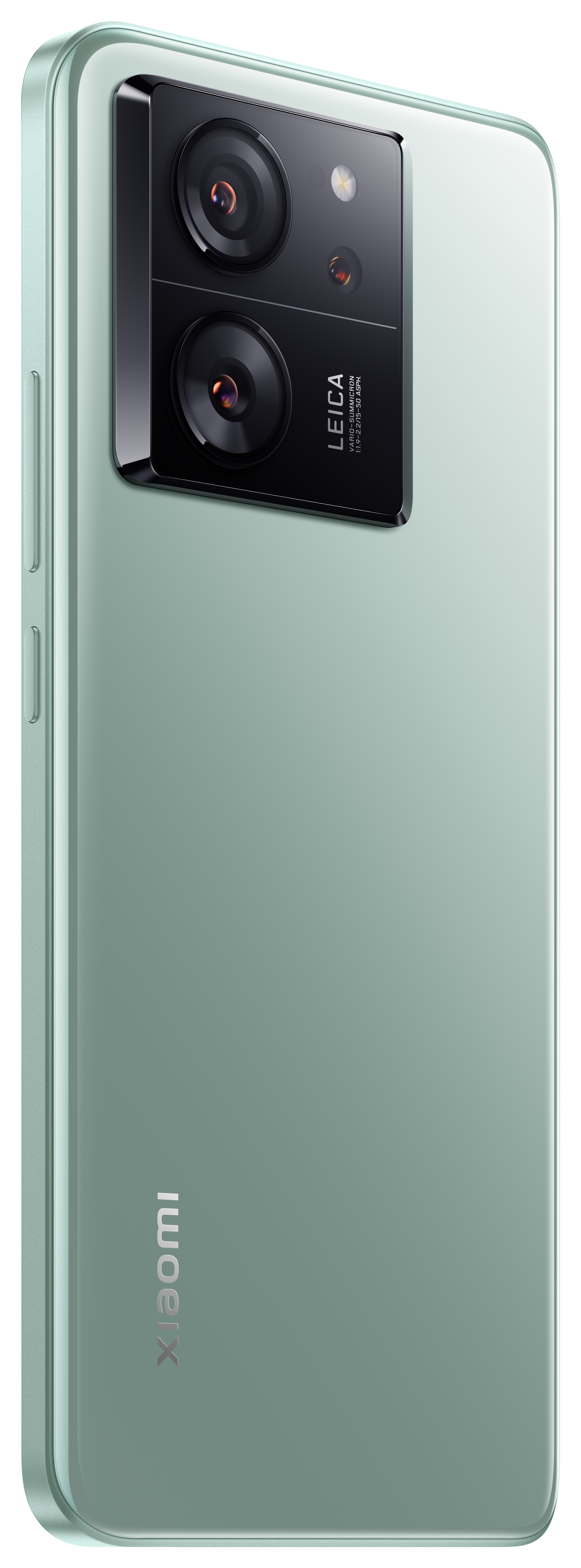 Minzgrünes Smartphone mit Leica-Objektiven, Rückansicht, zeigt Kameradetails und Xiaomi-Logo.