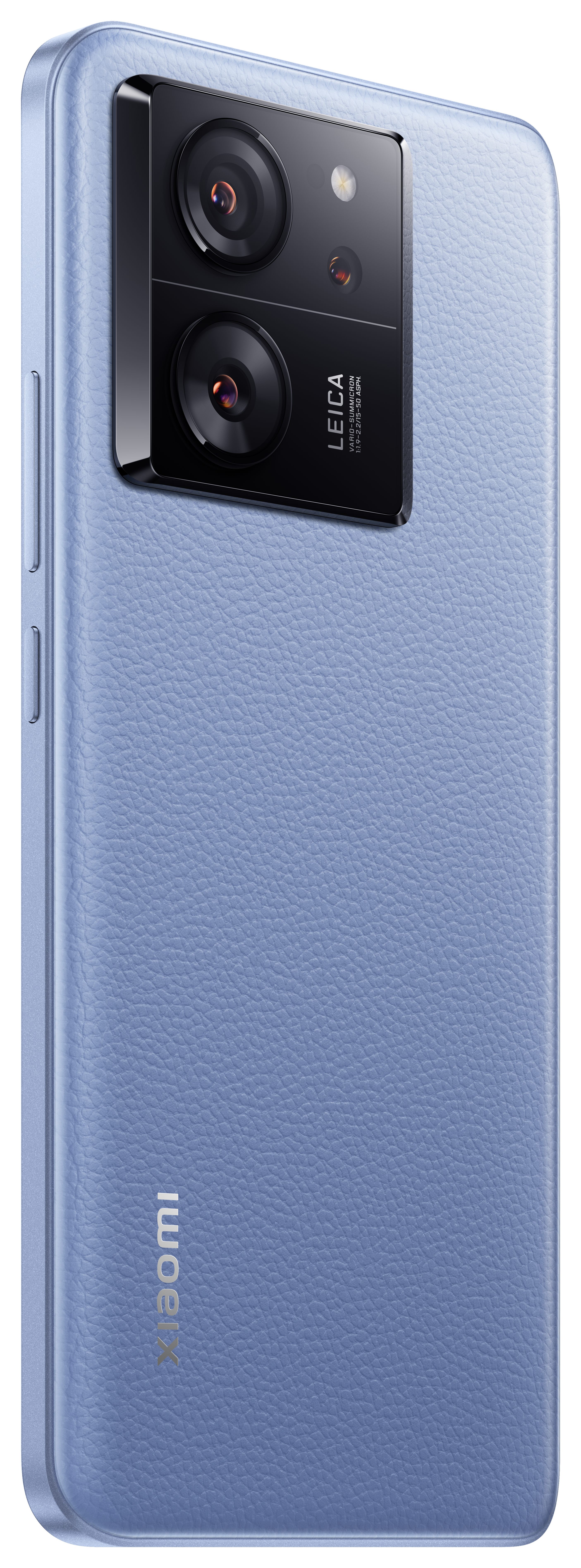 Blaues Smartphone mit Kameraerhöhung. Die Rückseite hat eine strukturierte Oberfläche mit Leica-Branding und Xiaomi-Logo.