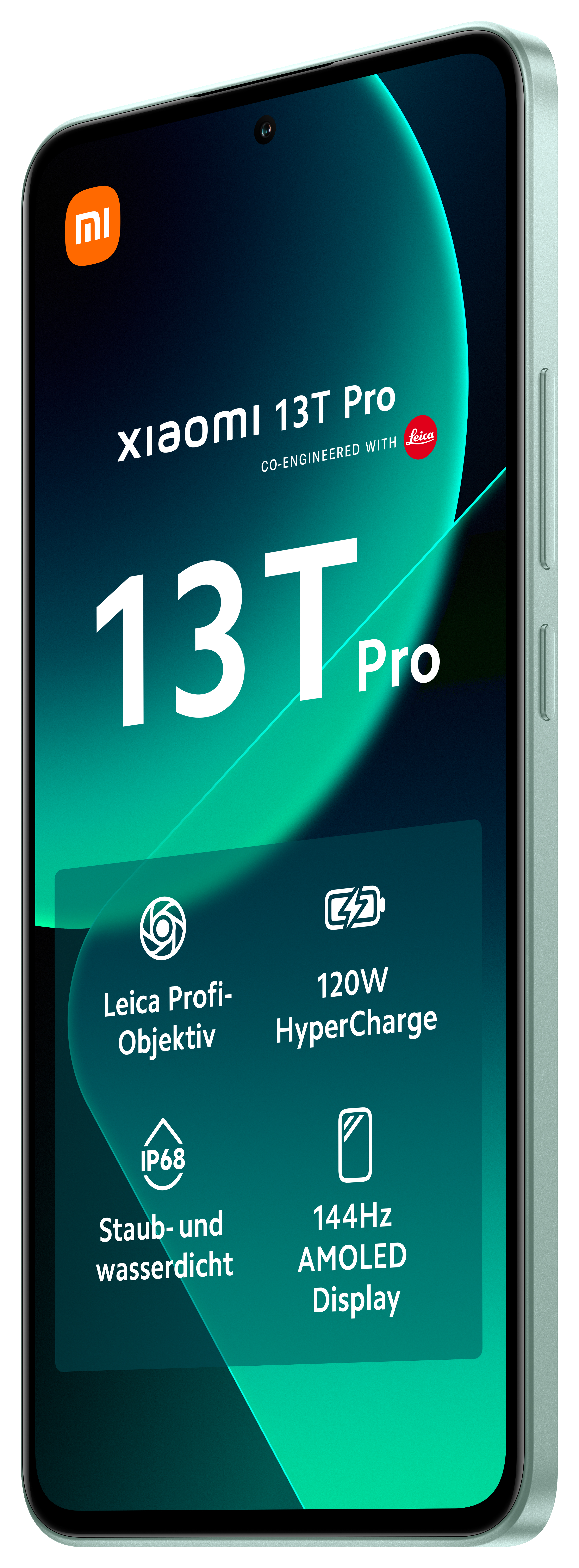 Ein Smartphone mit einem Bildschirm, der Informationen anzeigt, in einem Winkel vor hellgrünem Hintergrund.