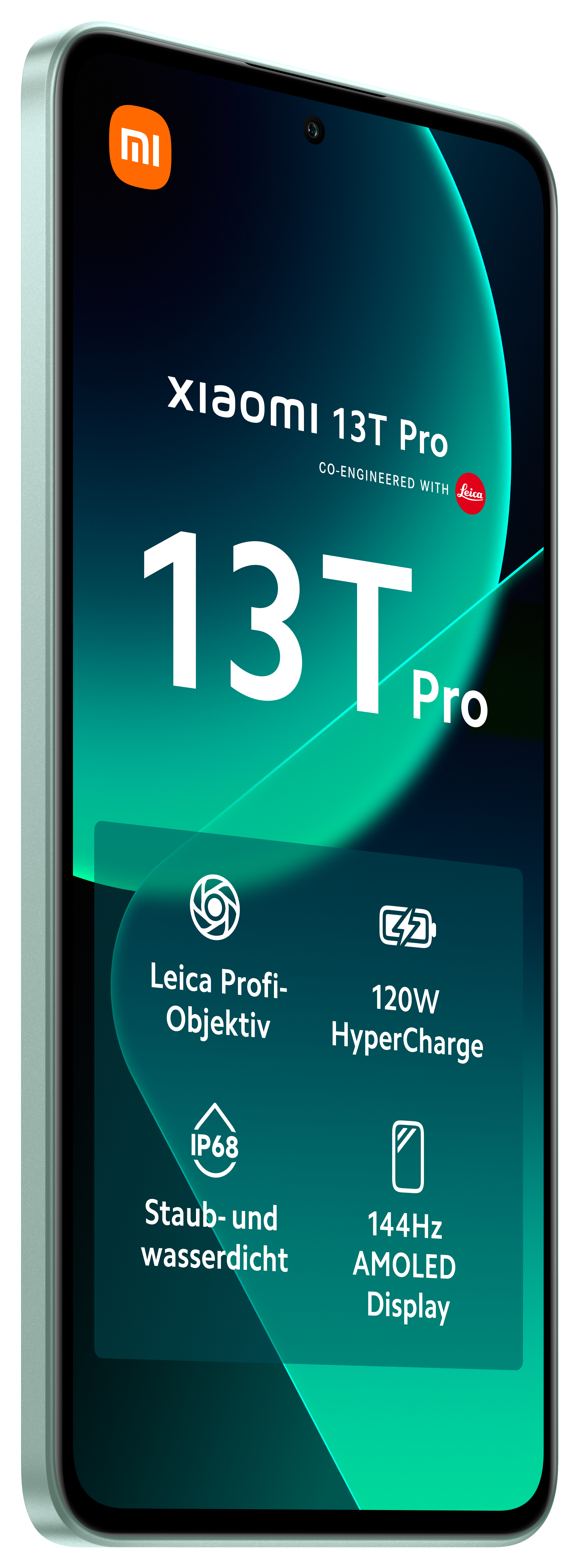 Ein Smartphone mit großem Bildschirm, Text und Grafiken. Das Telefon ist grün.