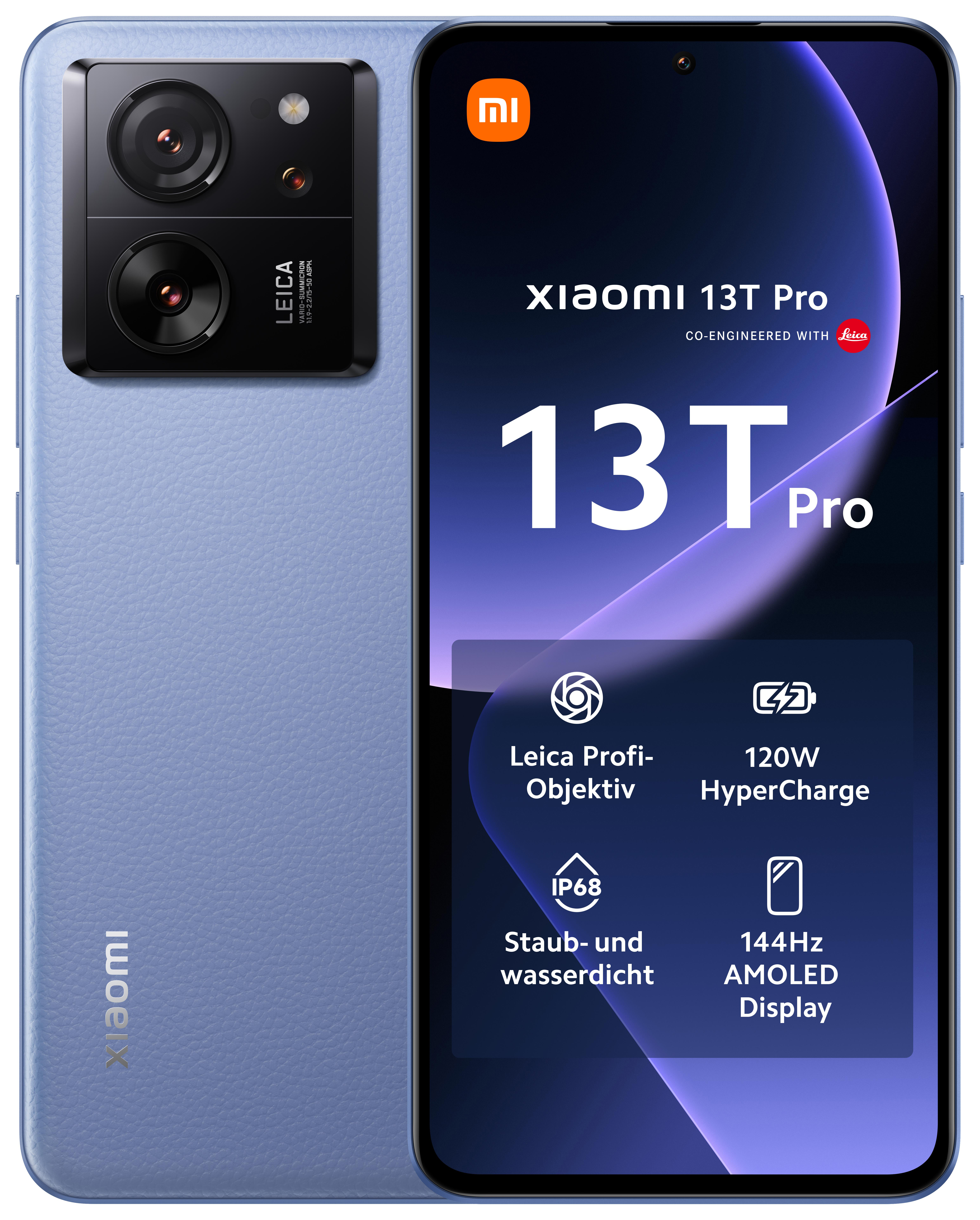 Xiaomi 13T Pro Telefon. Blaue Rückseite, schwarzer Bildschirm mit Spezifikationen und Dual-Kamera.
