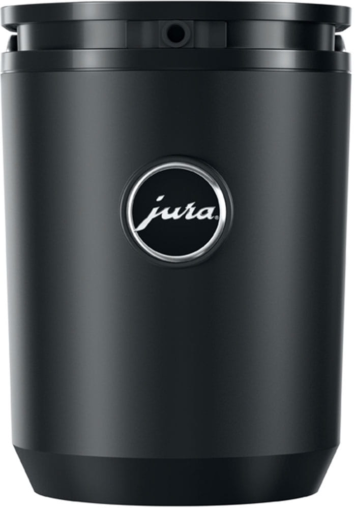 Schwarze zylindrische Kaffeemaschine mit Jura-Logo in der Mitte.