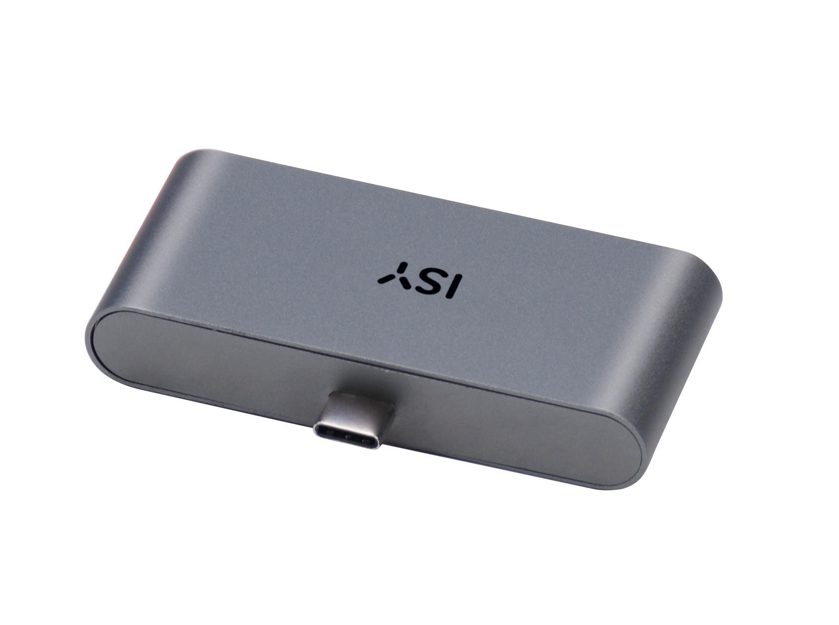 Ein graues, rechteckiges Gerät mit einem USB-C-Anschluss und den Buchstaben "ISI".