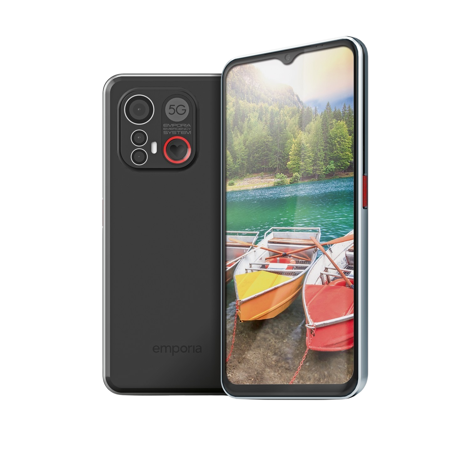 Un smartphone avec deux caméras arrière. Affiche une scène de lac avec des bateaux à l'écran.