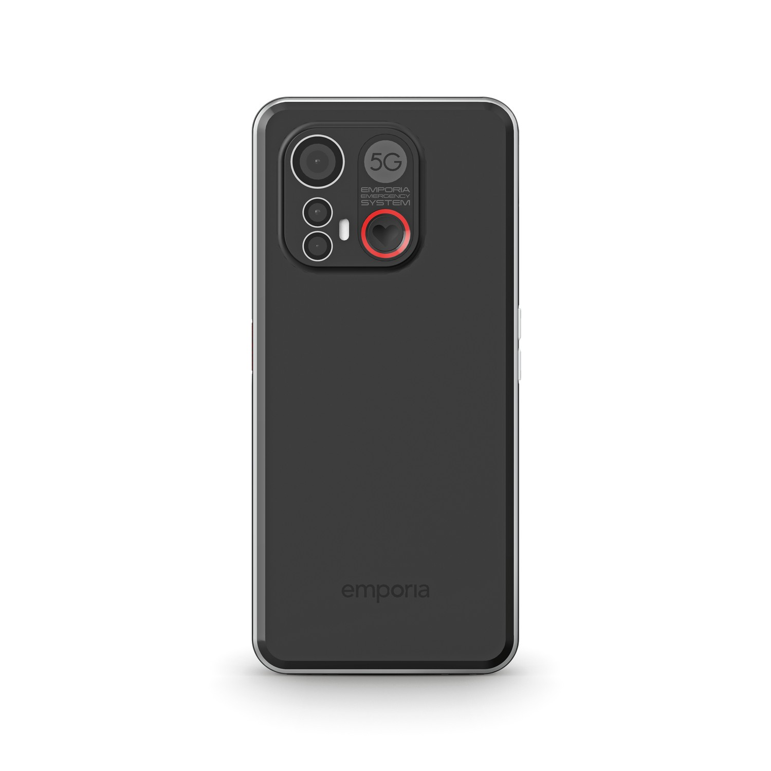 Dos d'un téléphone Emporia noir avec trois caméras et un accent rouge autour de l'objectif central.