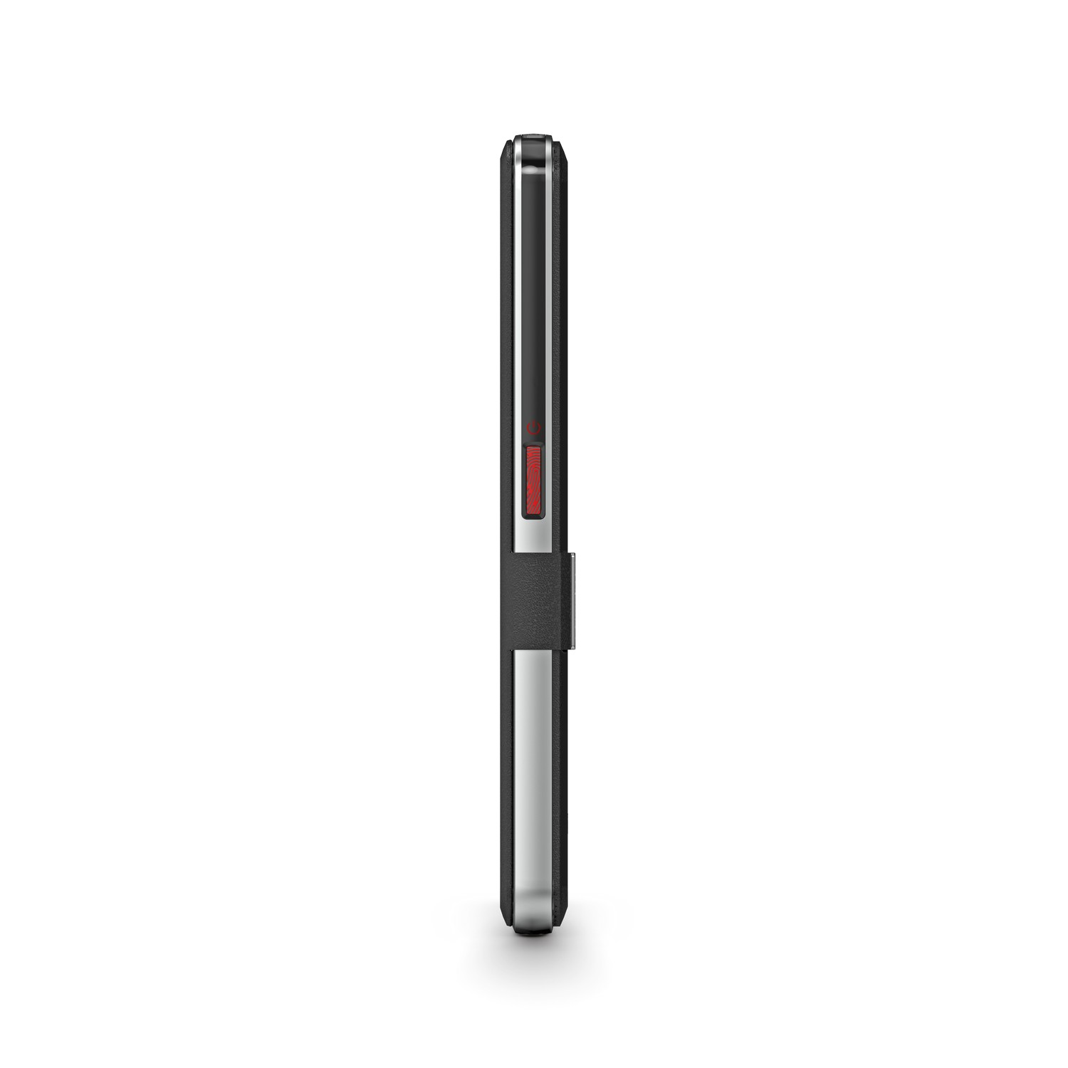 Un portefeuille fin avec un cadre noir et un accent rouge. Il est sur une surface blanche.
