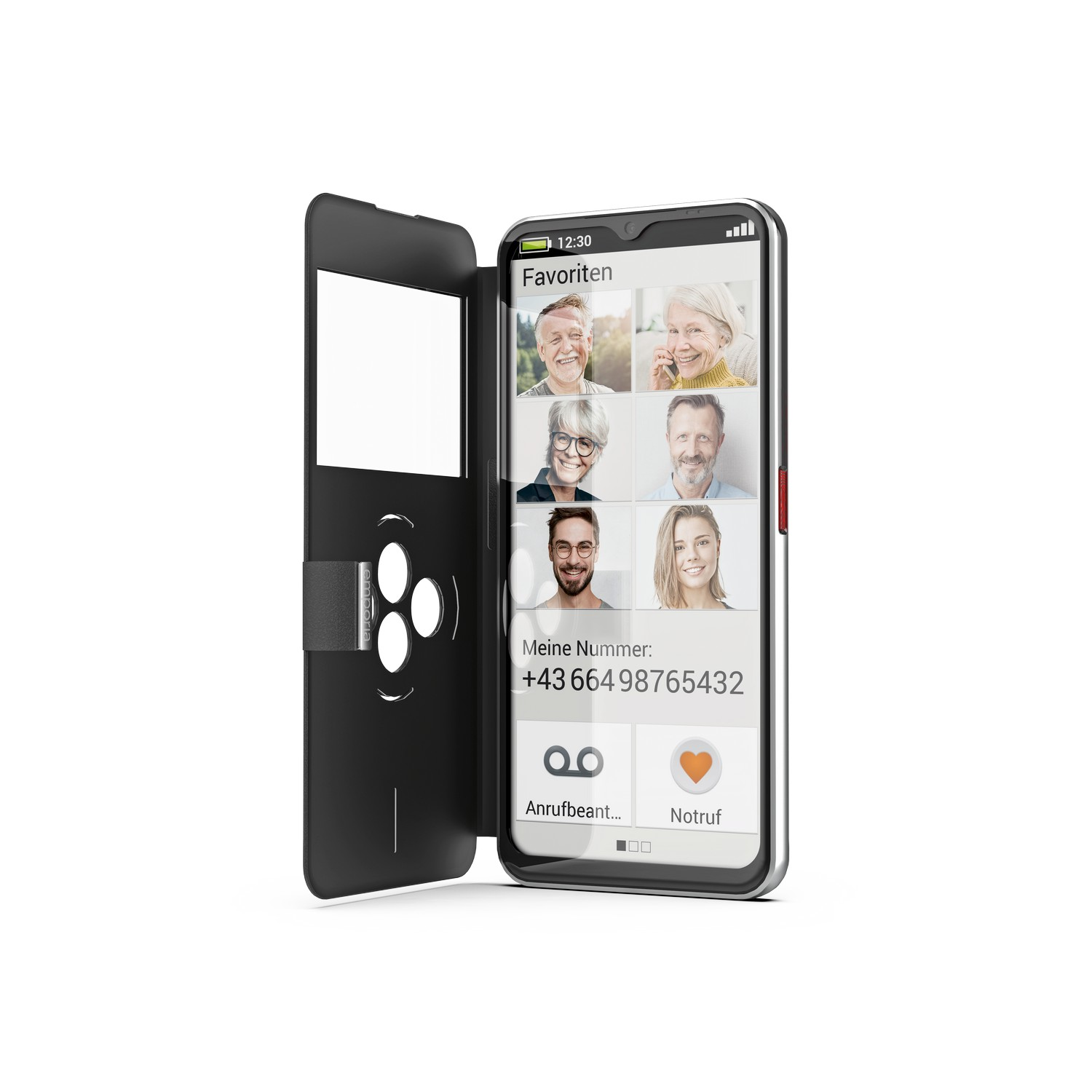 Smartphone affiche des contacts. Un étui noir est ouvert. L'écran montre un appel avec plusieurs visages.