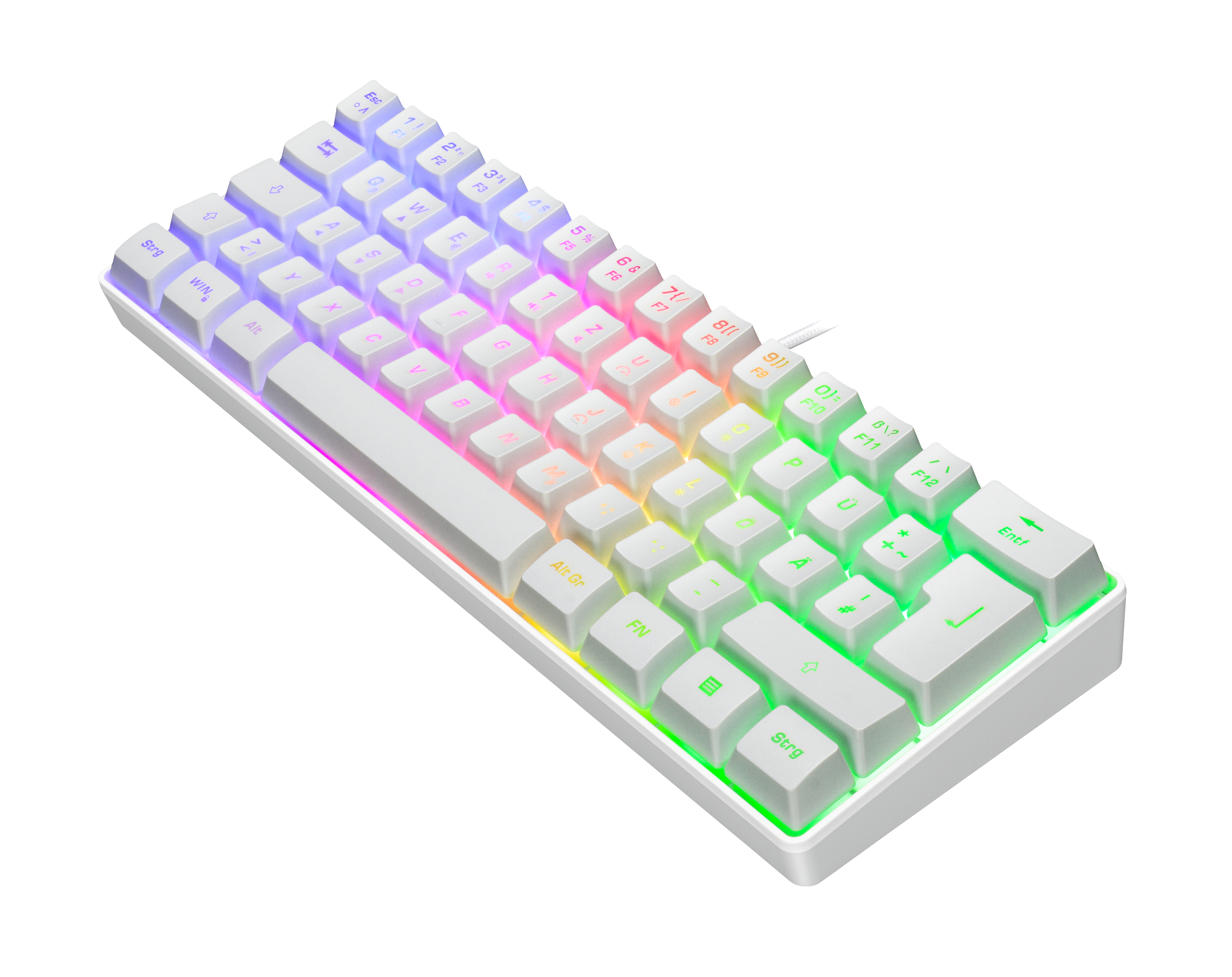 Eine weiße Tastatur mit bunter LED-Beleuchtung. Die Tasten und der Rahmen sind weiß.