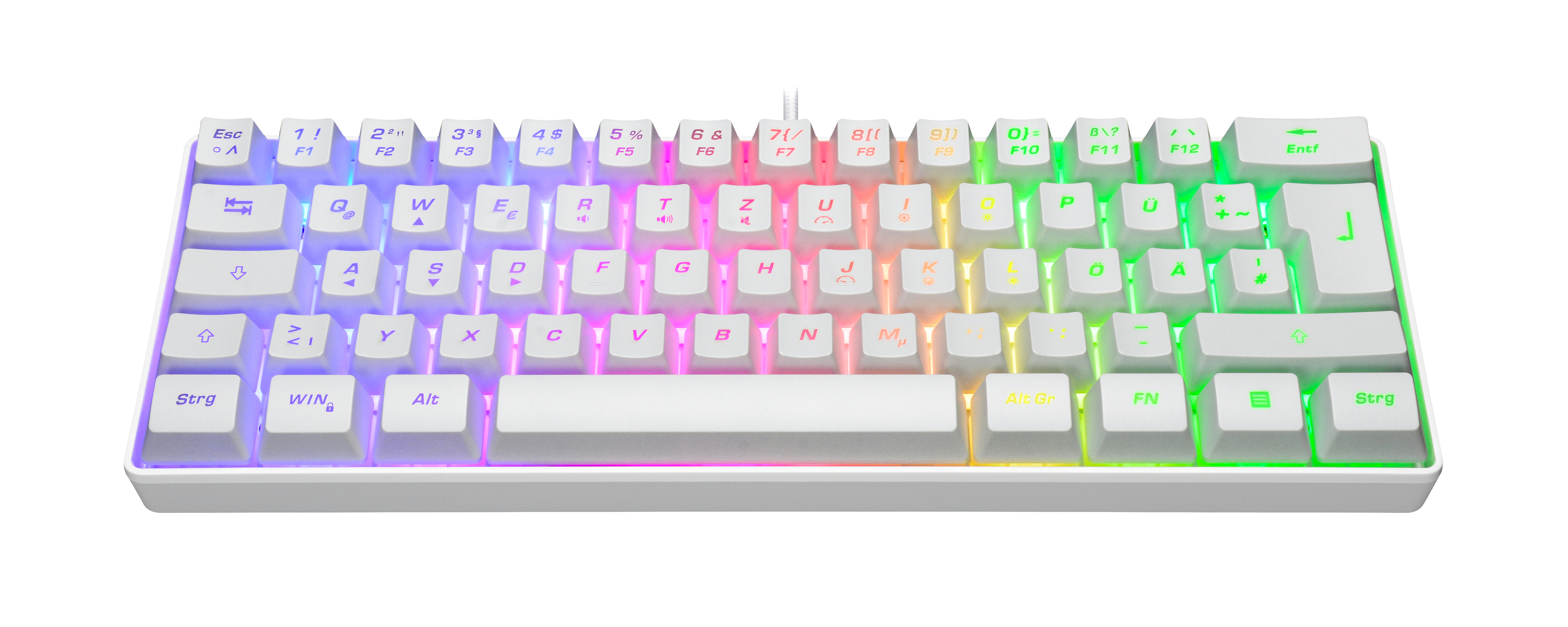 Weiße Tastatur mit regenbogenfarben beleuchteten Tasten, auf weißer Oberfläche.