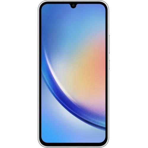 Mavi degrade görüntüye sahip beyaz bir telefon. Telefonun üst kısmında bir kamera var.