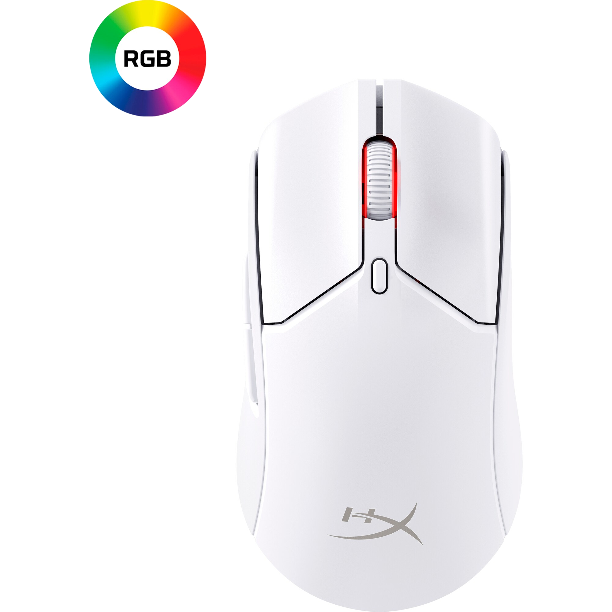 Kırmızı kaydırma tekerleği, RGB renk göstergesi ve siyah arka planlı beyaz oyun faresi.