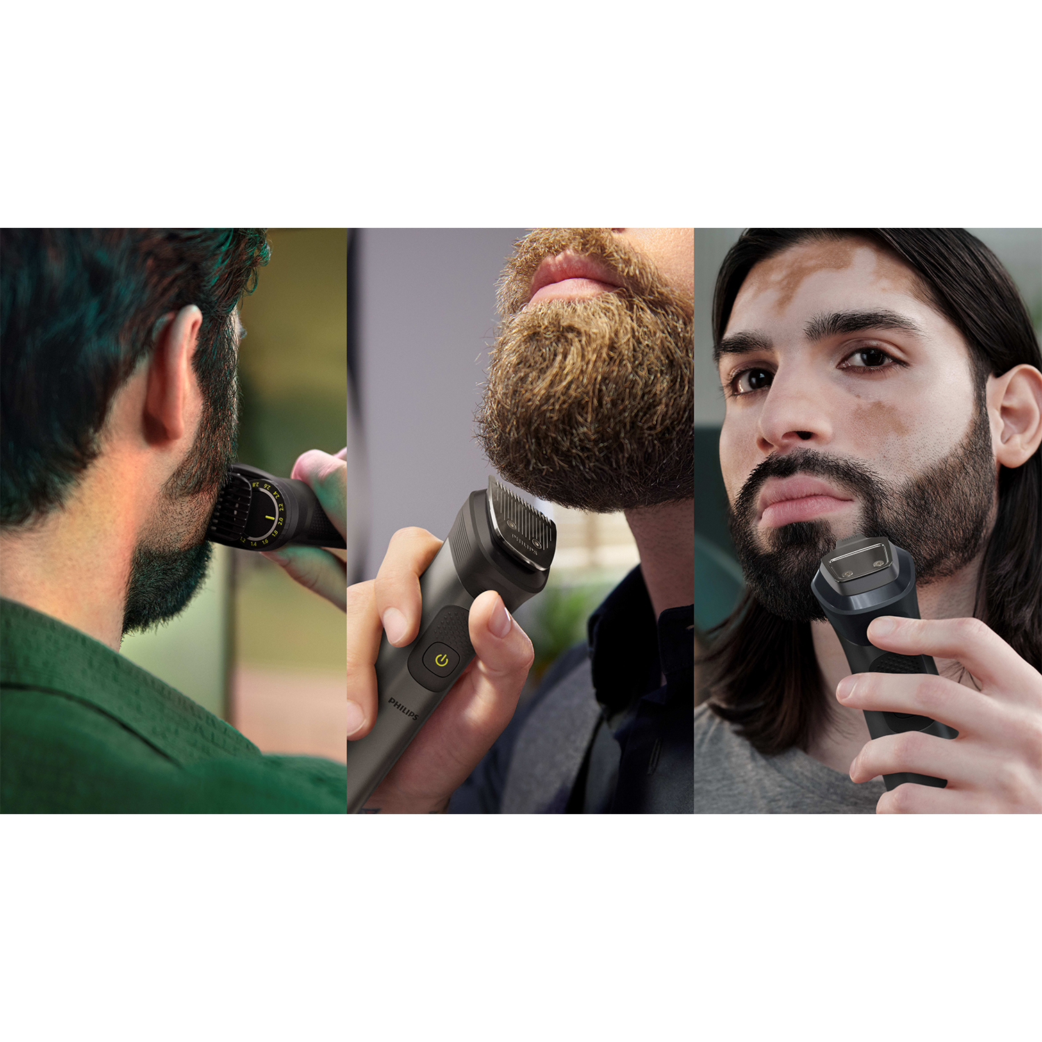 Tre uomini che si tagliano la barba con un trimmer.
