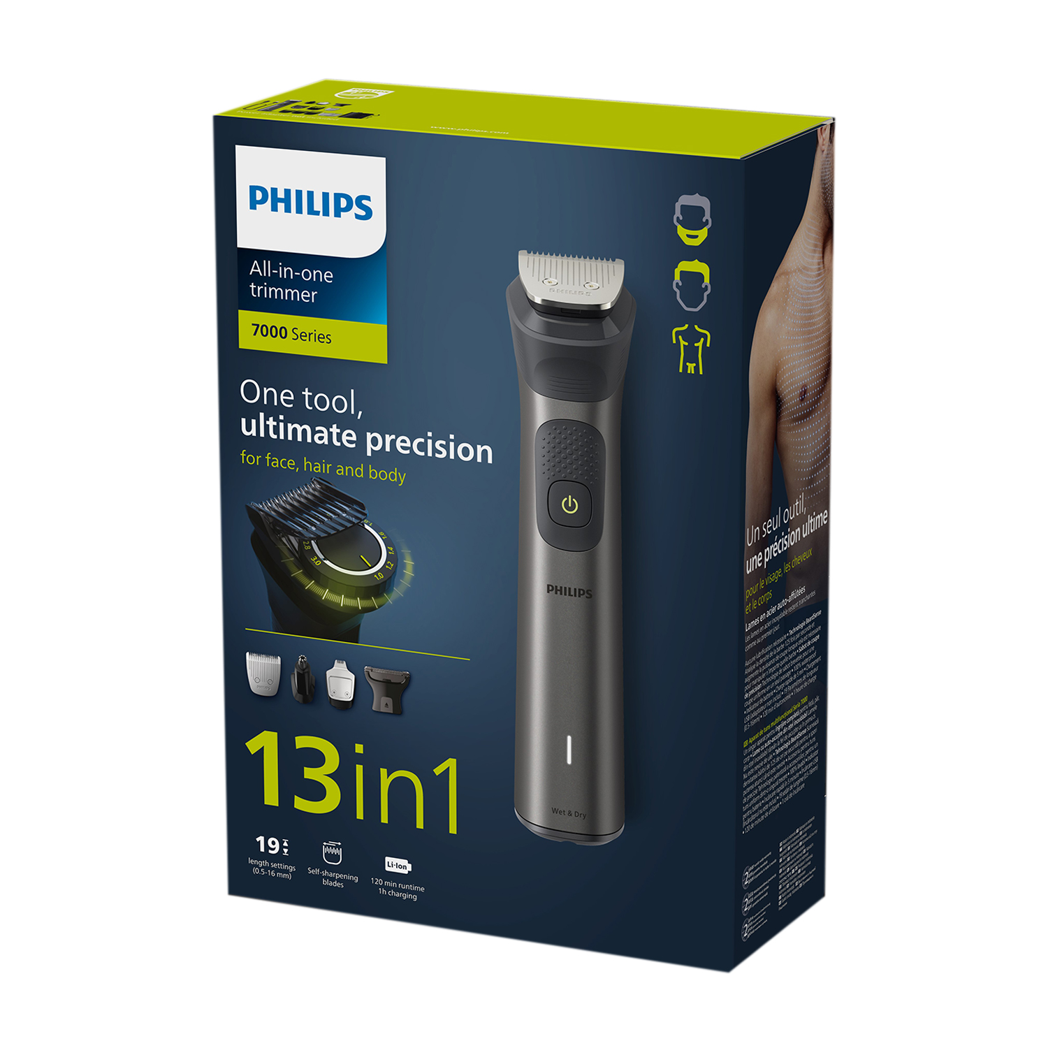 Scatola con rifinitore Philips e accessori, con testo e un'immagine del rifinitore. Sfondo bianco.