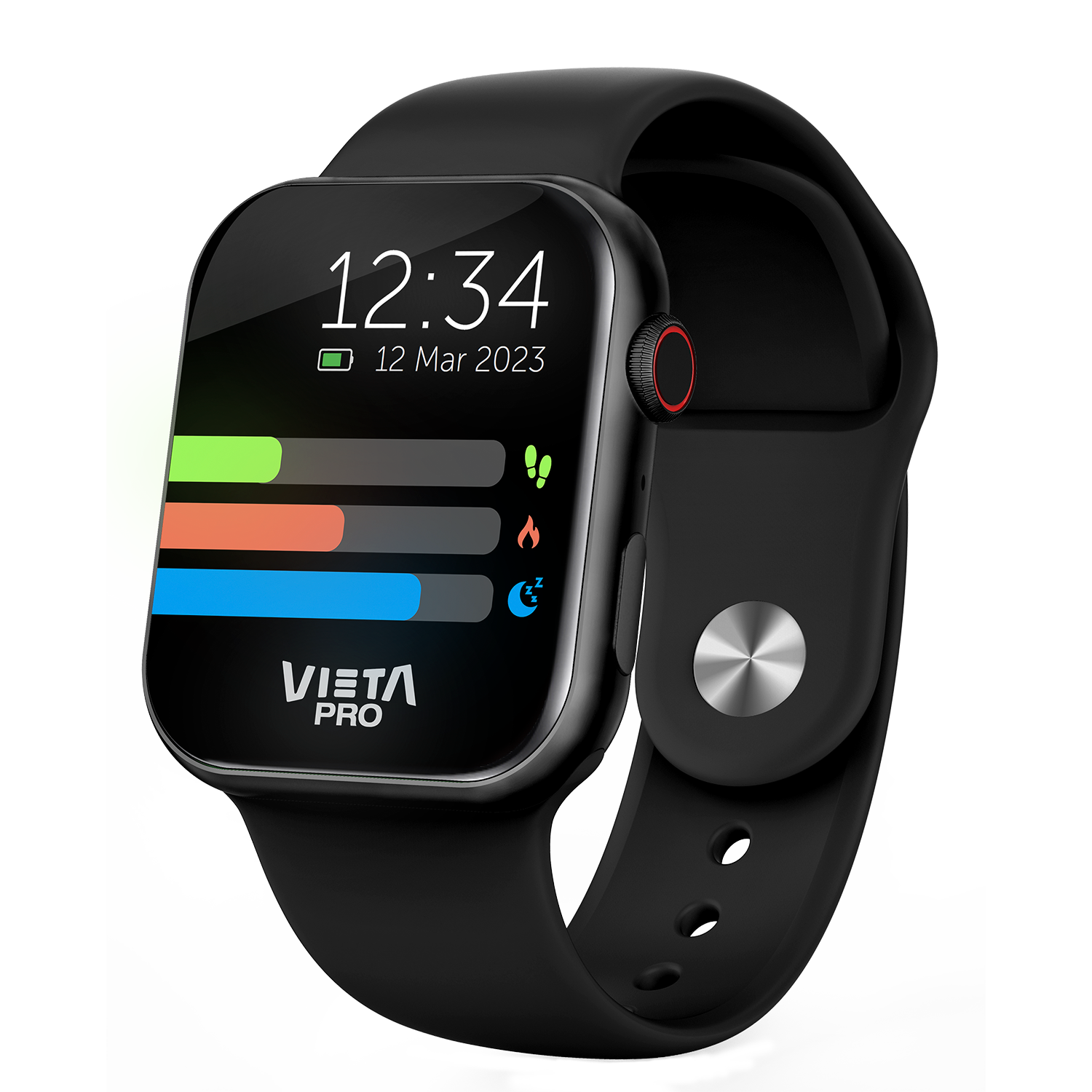 Un reloj inteligente negro muestra la hora y los datos de salud en su pantalla. Muestra pasos, fuego, sueño.