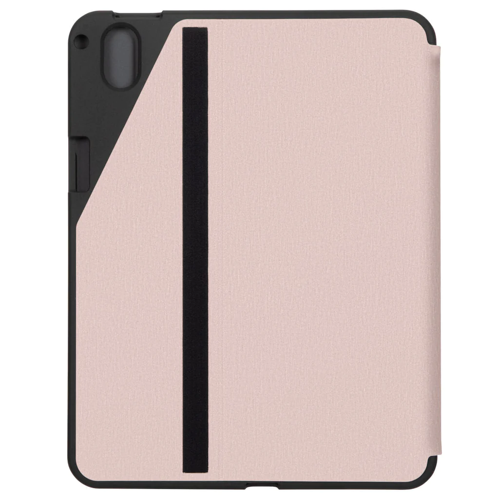Siyah çerçeveli ve sabitlemek için siyah kayışlı, açık pembe tablet kılıfı.