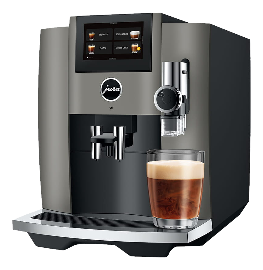 Macchina da caffè argento e nera con un bicchiere di espresso.