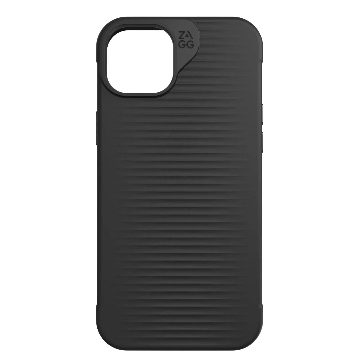 Coque de téléphone noire. Surface côtelée. Trou pour la caméra. Fond noir.